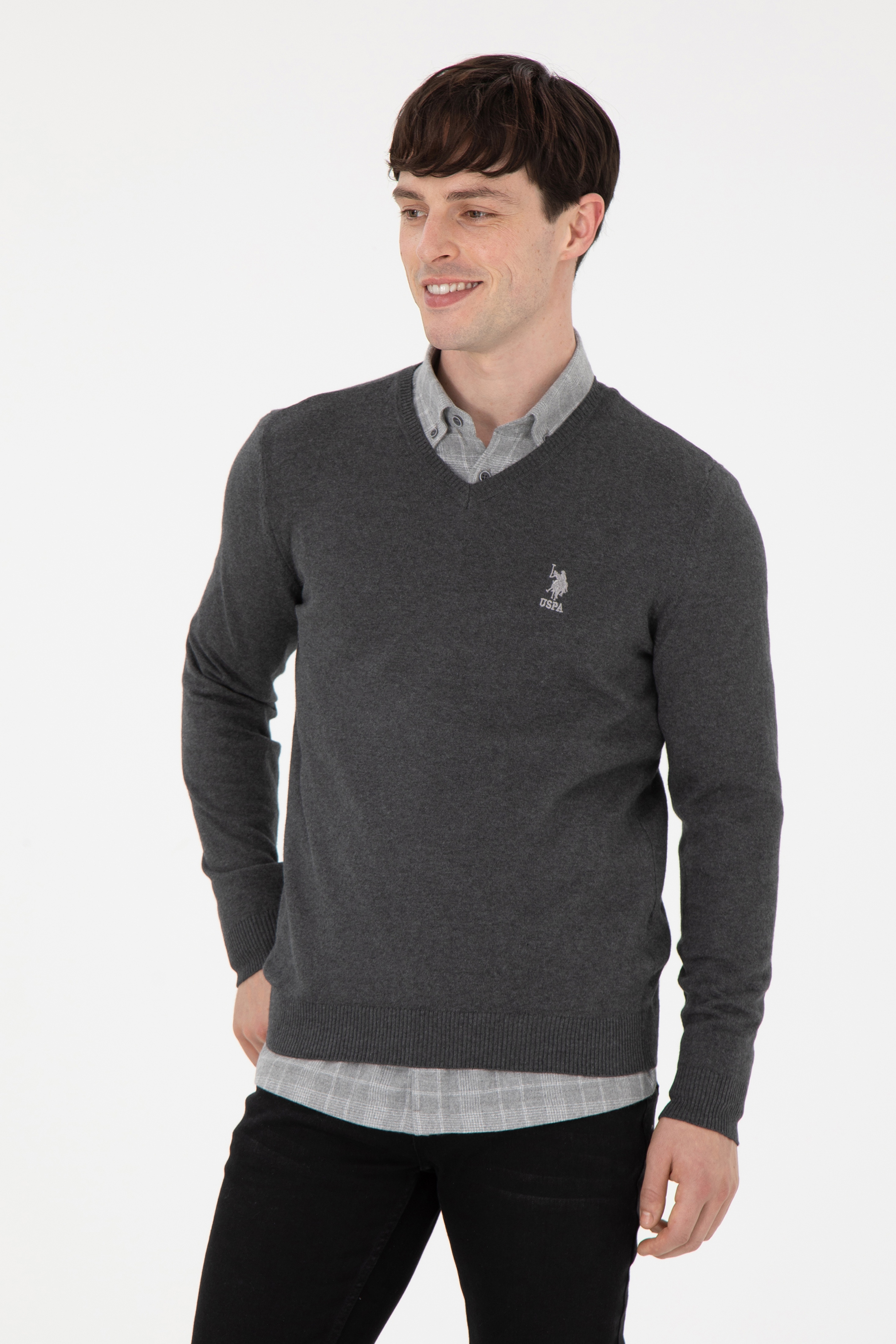 Erkek Slim Fit V Yaka Antrasit Melanj Basic Kazak