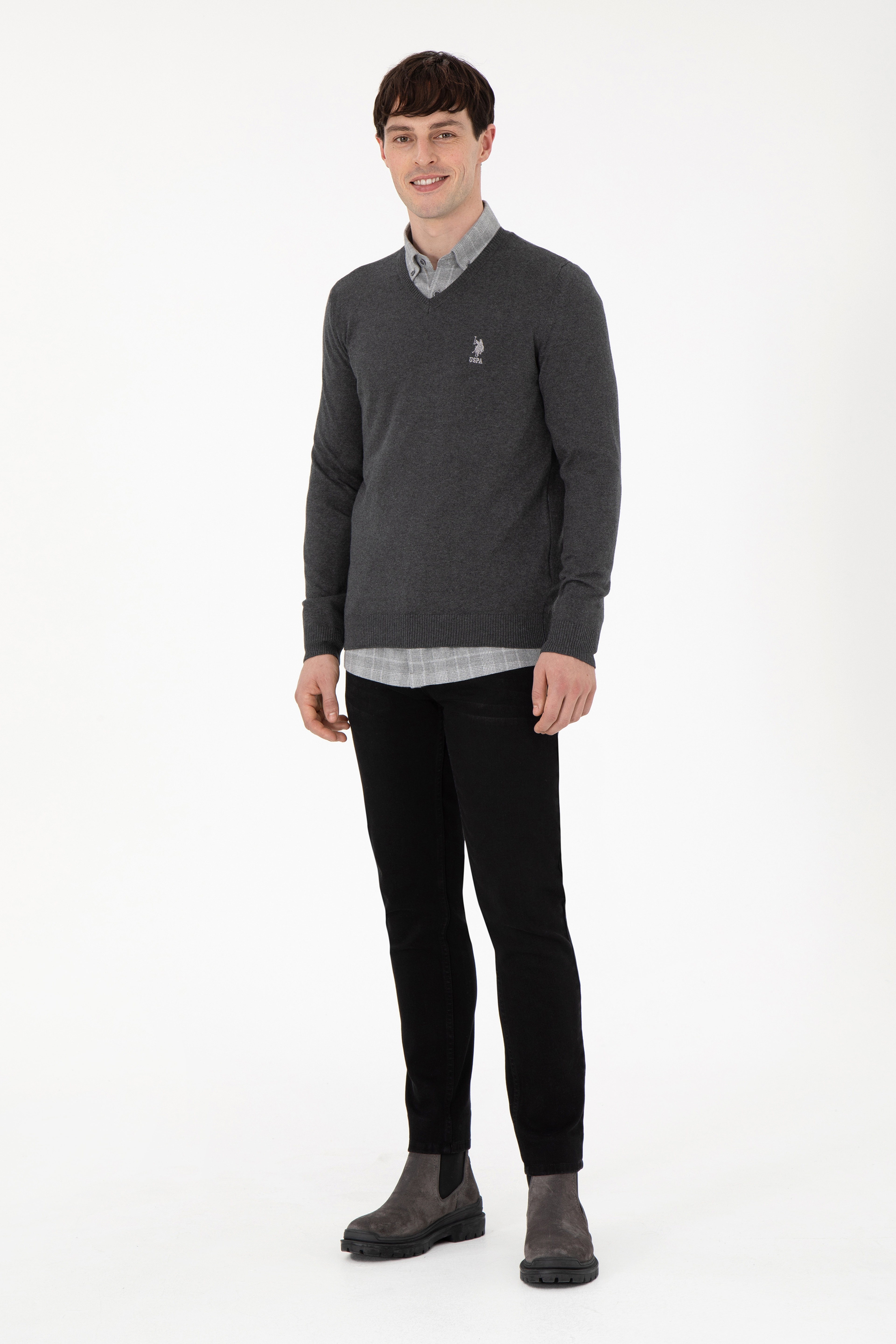 Erkek Slim Fit V Yaka Antrasit Melanj Basic Kazak - Image 4