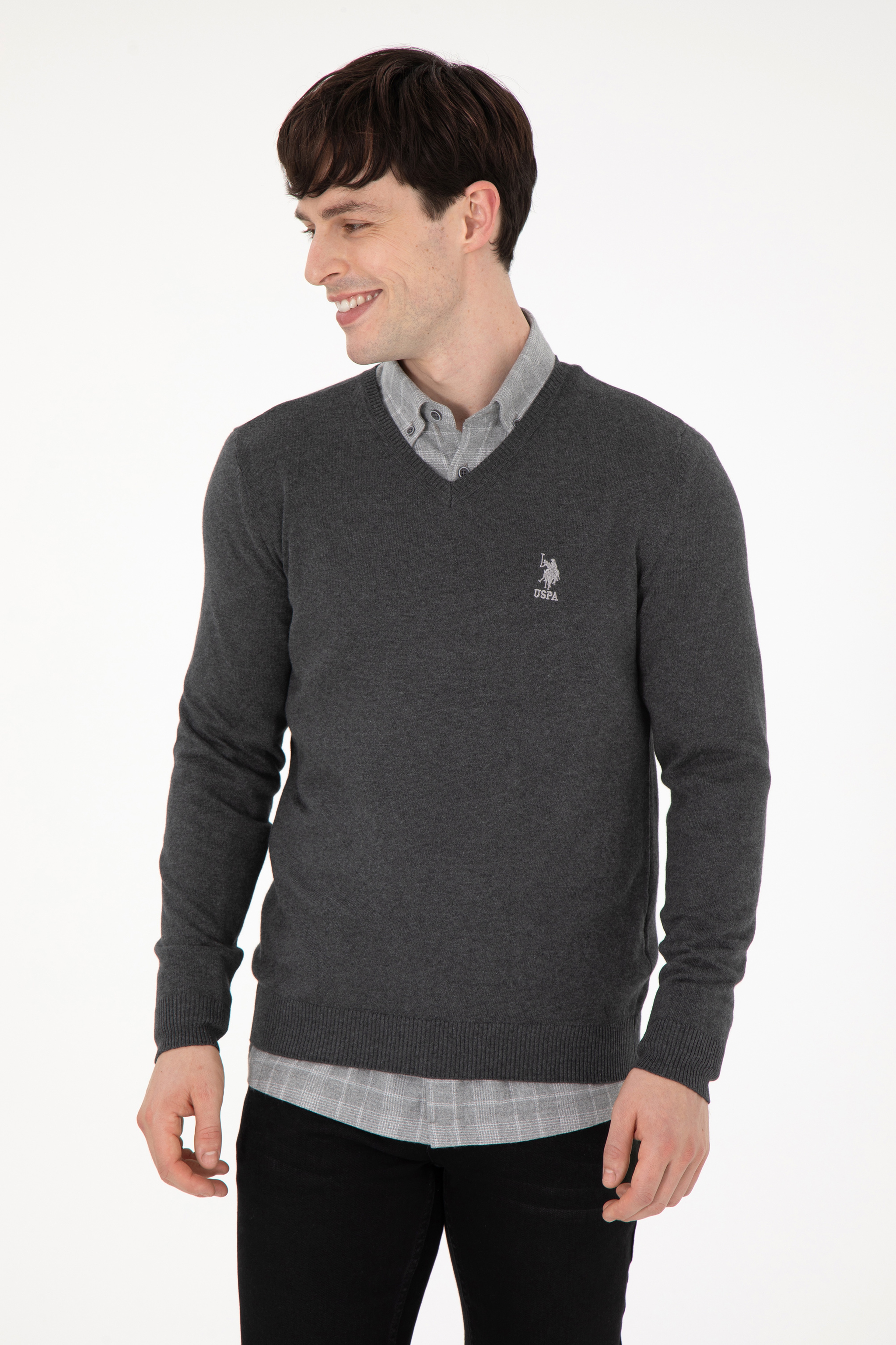 Erkek Slim Fit V Yaka Antrasit Melanj Basic Kazak - Image 3