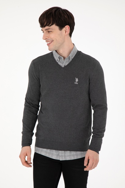 Erkek Slim Fit V Yaka Antrasit Melanj Basic Kazak