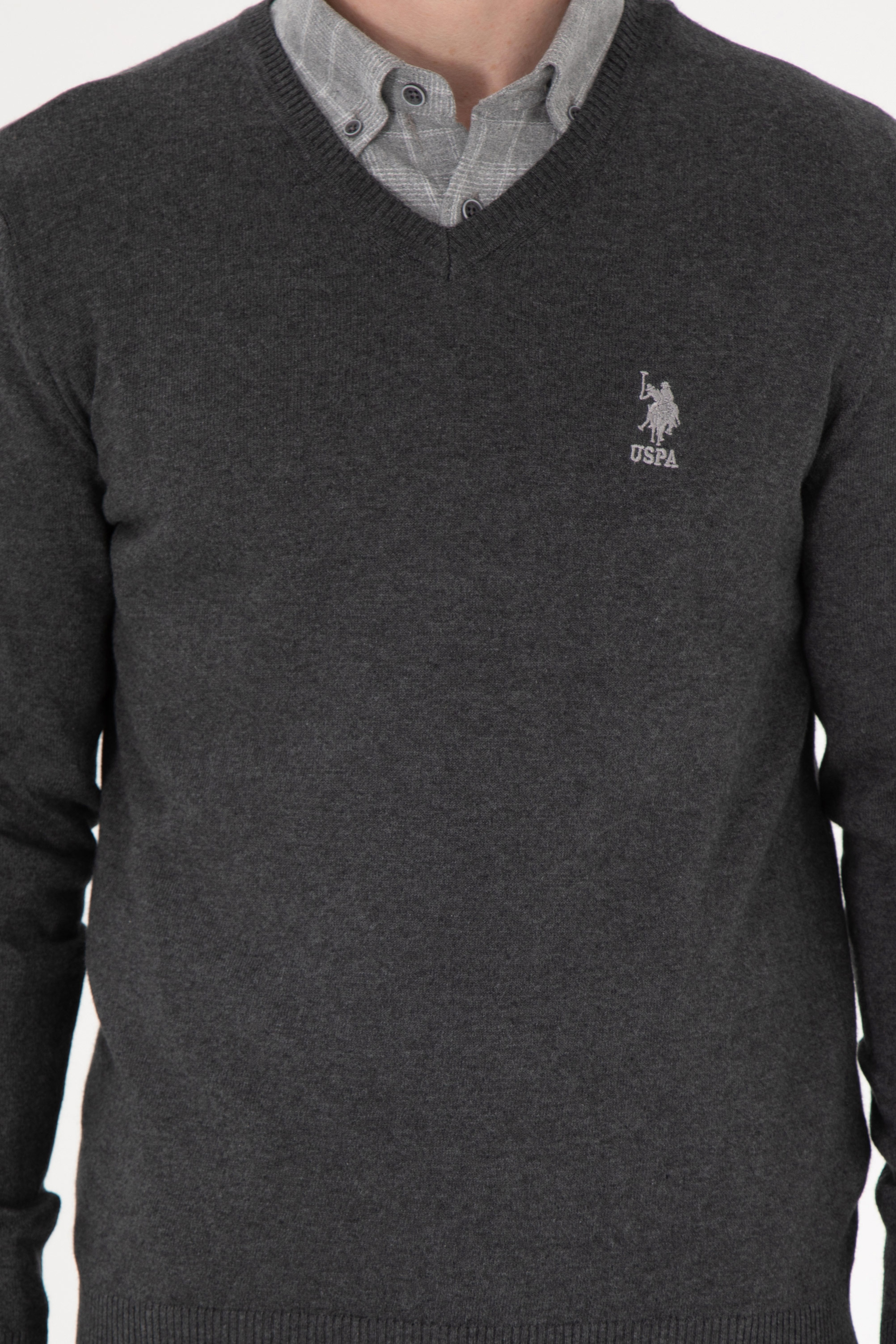 Erkek Slim Fit V Yaka Antrasit Melanj Basic Kazak