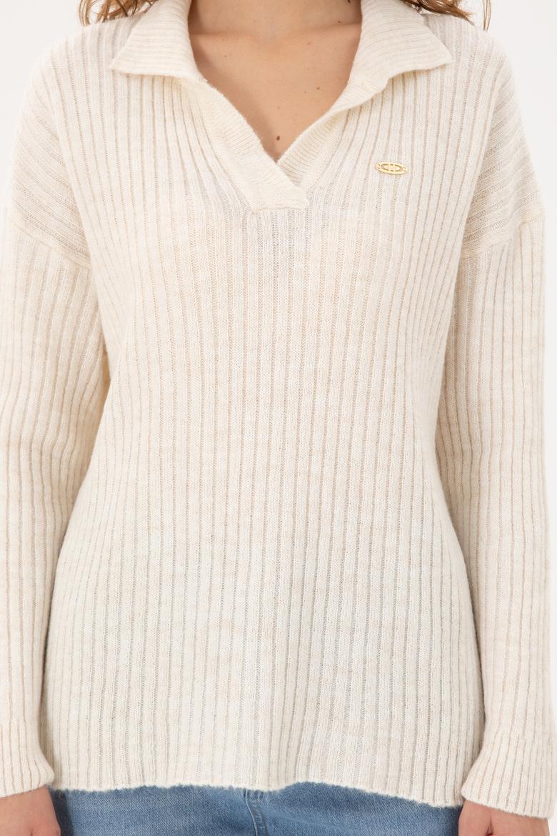 Kadın Krem Polo Yaka Kazak - 50297093019