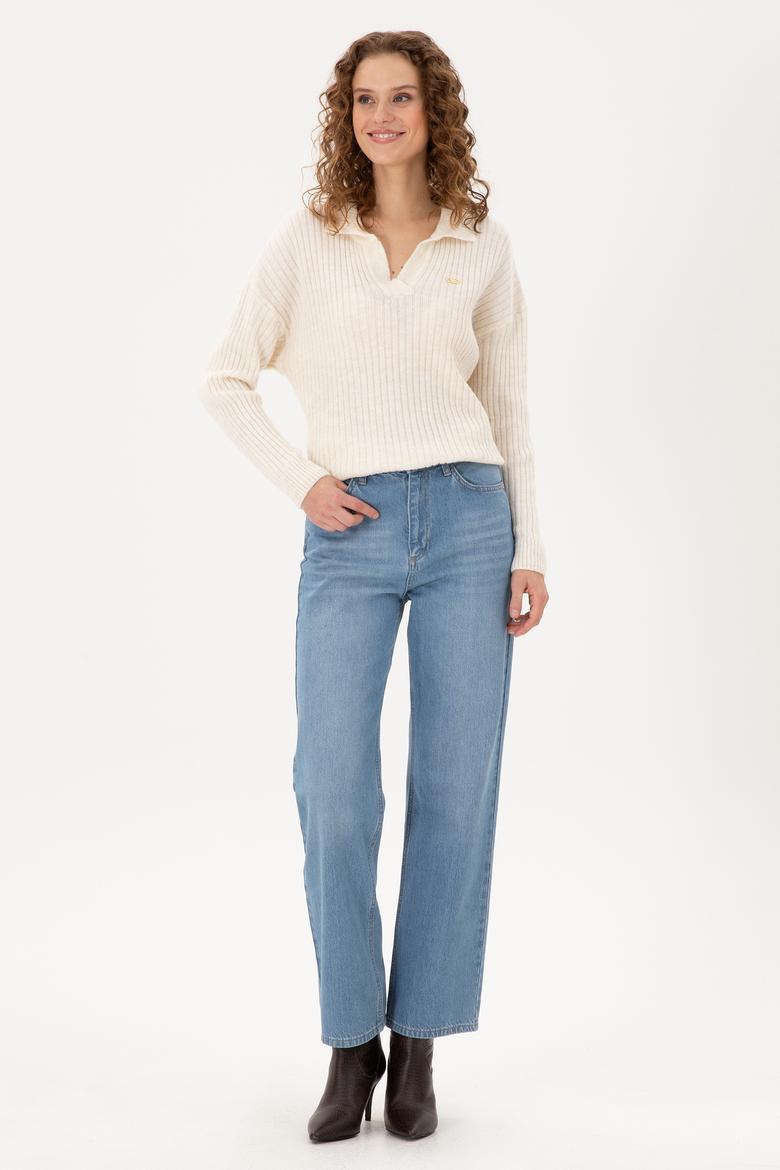 Kadın Krem Polo Yaka Kazak - 50297093019