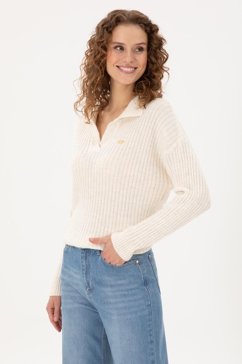Kadın Krem Polo Yaka Kazak