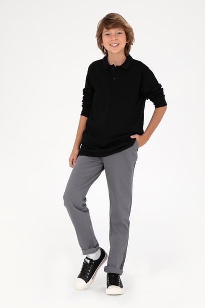 Erkek Çocuk Siyah Basic Polo Yaka Sweatshirt
