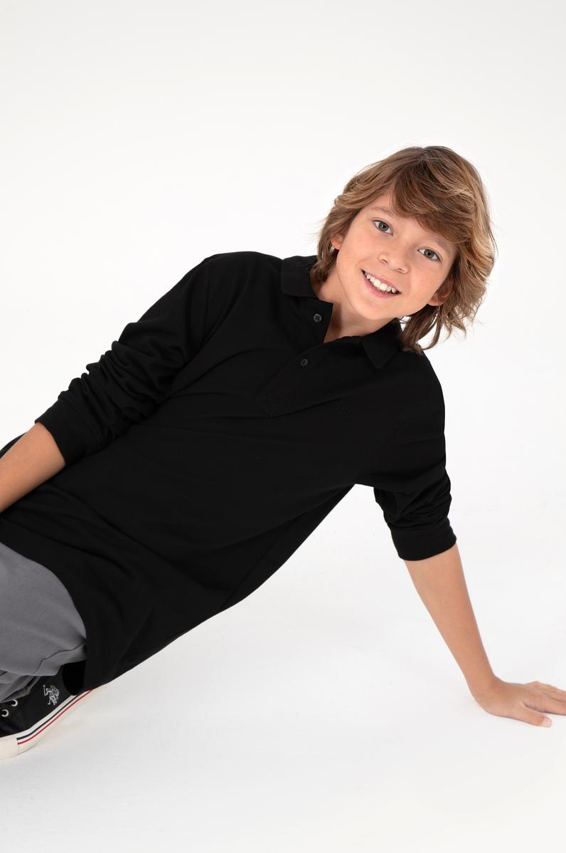 Erkek Çocuk Siyah Basic Polo Yaka Sweatshirt