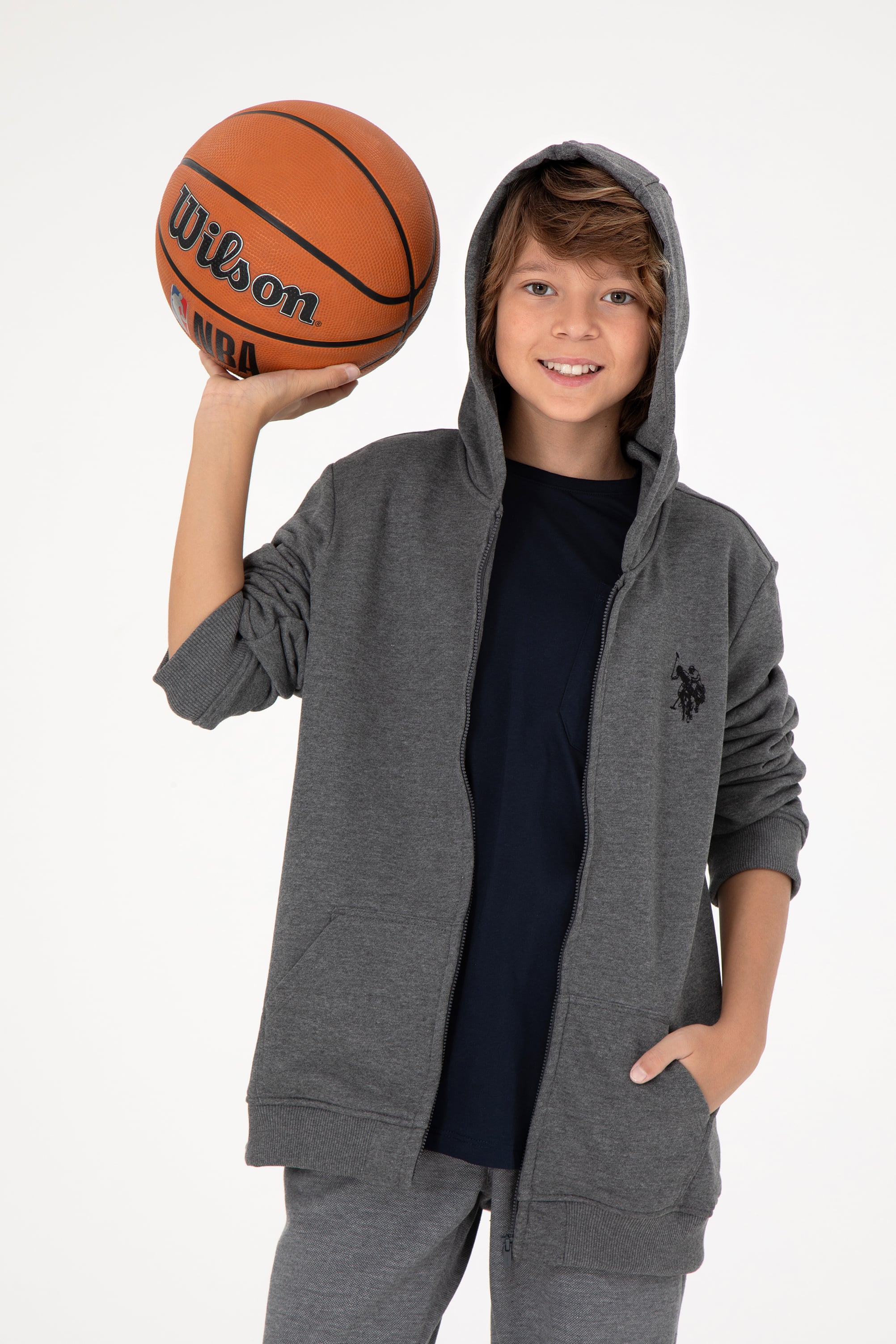 Erkek Çocuk Antrasit Melanj Basic Fermuarlı Sweatshirt - Image 1