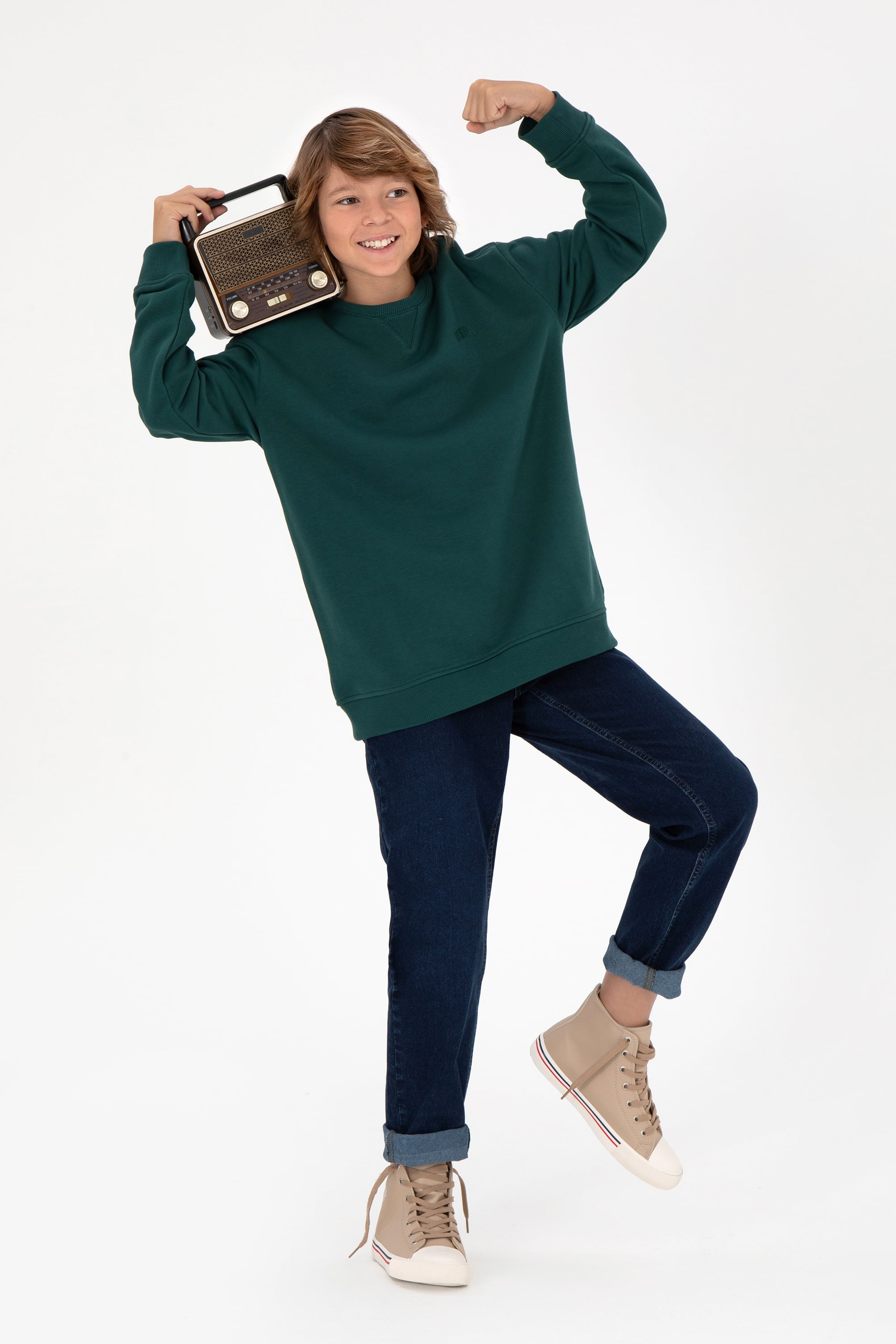 Erkek Çocuk Koyu Yeşil Basic Bisiklet Yaka Sweatshirt