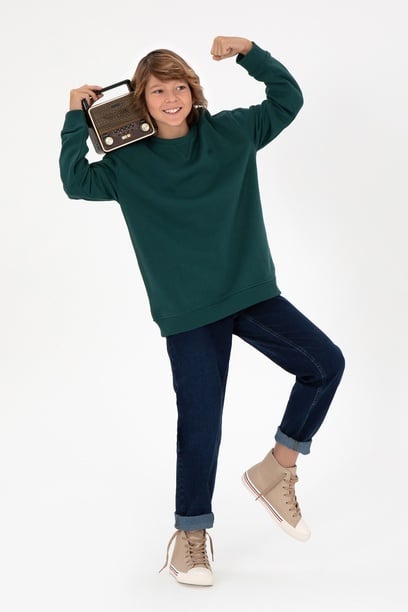 Erkek Çocuk Koyu Yeşil Basic Bisiklet Yaka Sweatshirt