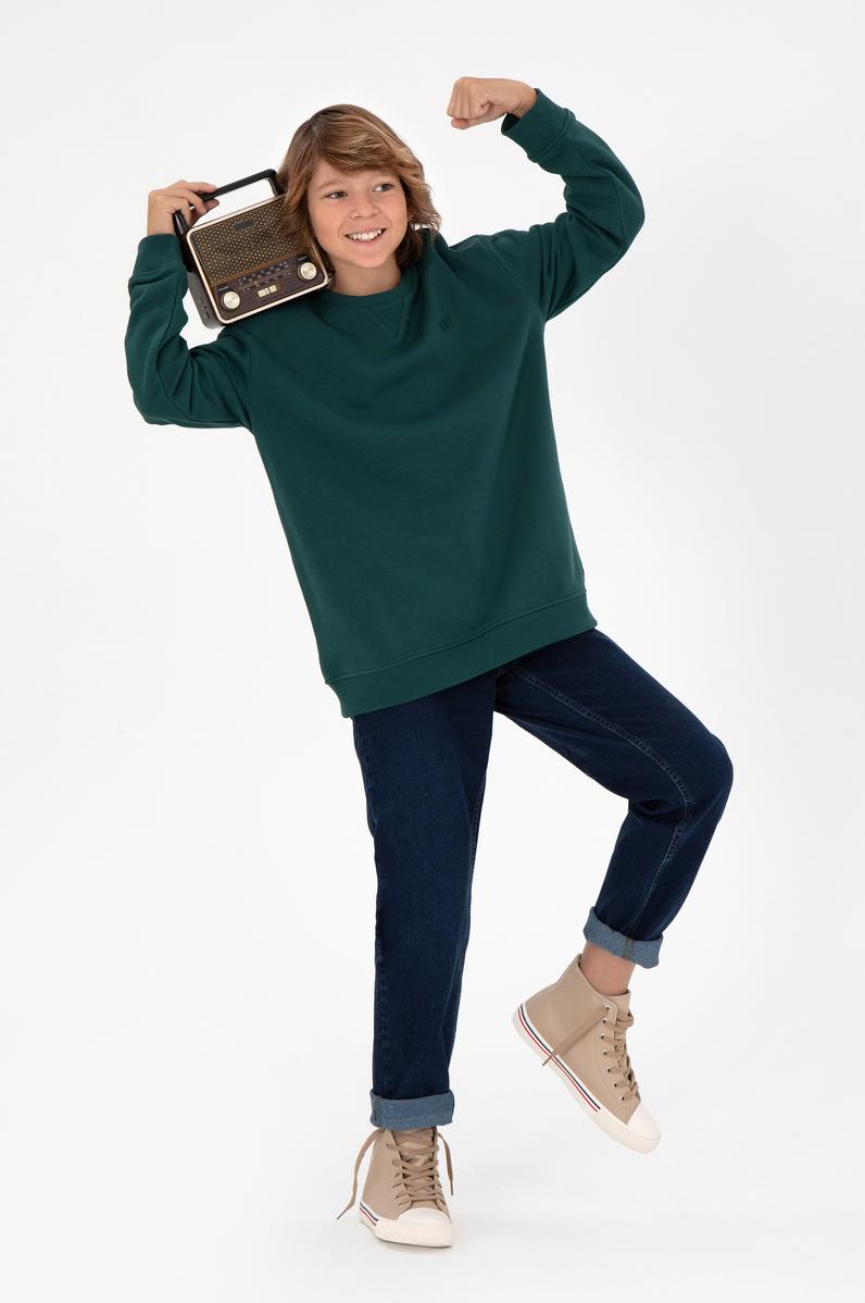 Erkek Çocuk Koyu Yeşil Basic Bisiklet Yaka Sweatshirt