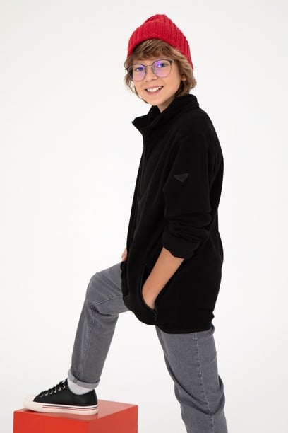 Erkek Çocuk Fermuarlı Siyah Polar Sweatshirt