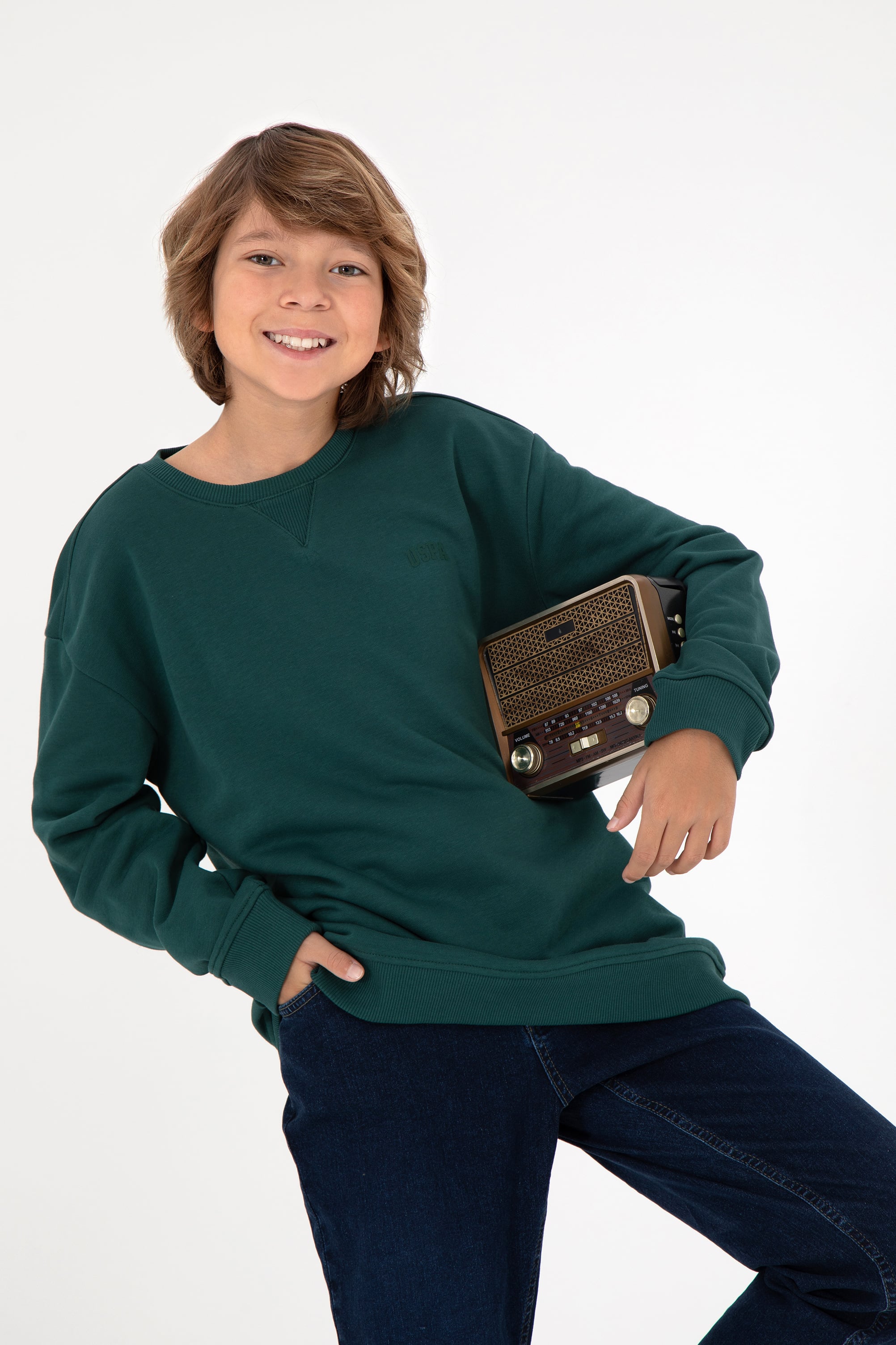 Erkek Çocuk Koyu Yeşil Basic Bisiklet Yaka Sweatshirt - Image 1