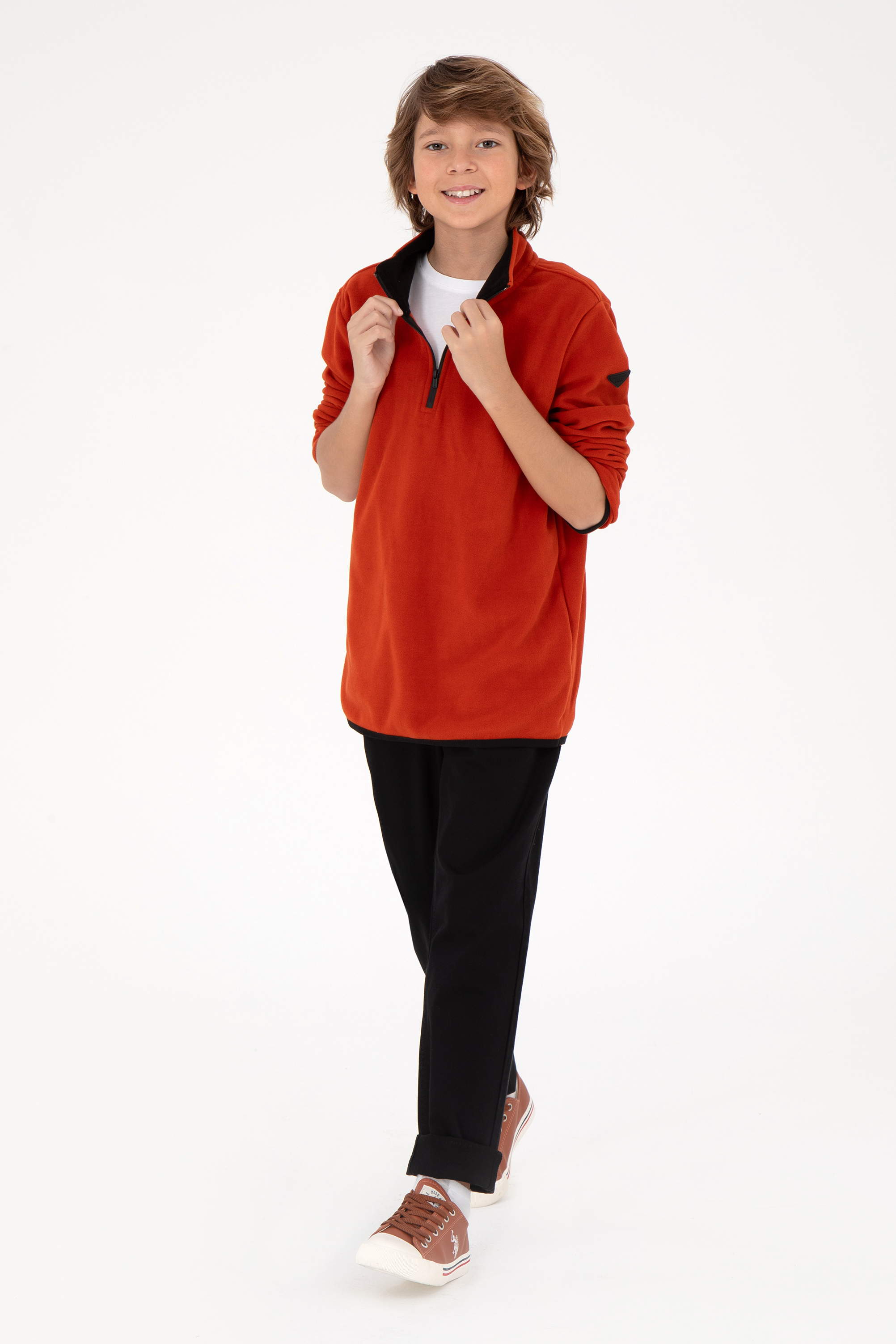 Erkek Çocuk Yarım Fermuarlı Kiremit Polar Sweatshirt