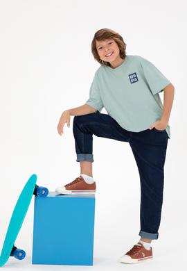 Erkek Çocuk Su Yeşili Oversize Bisiklet Yaka Tişört - 50295447079