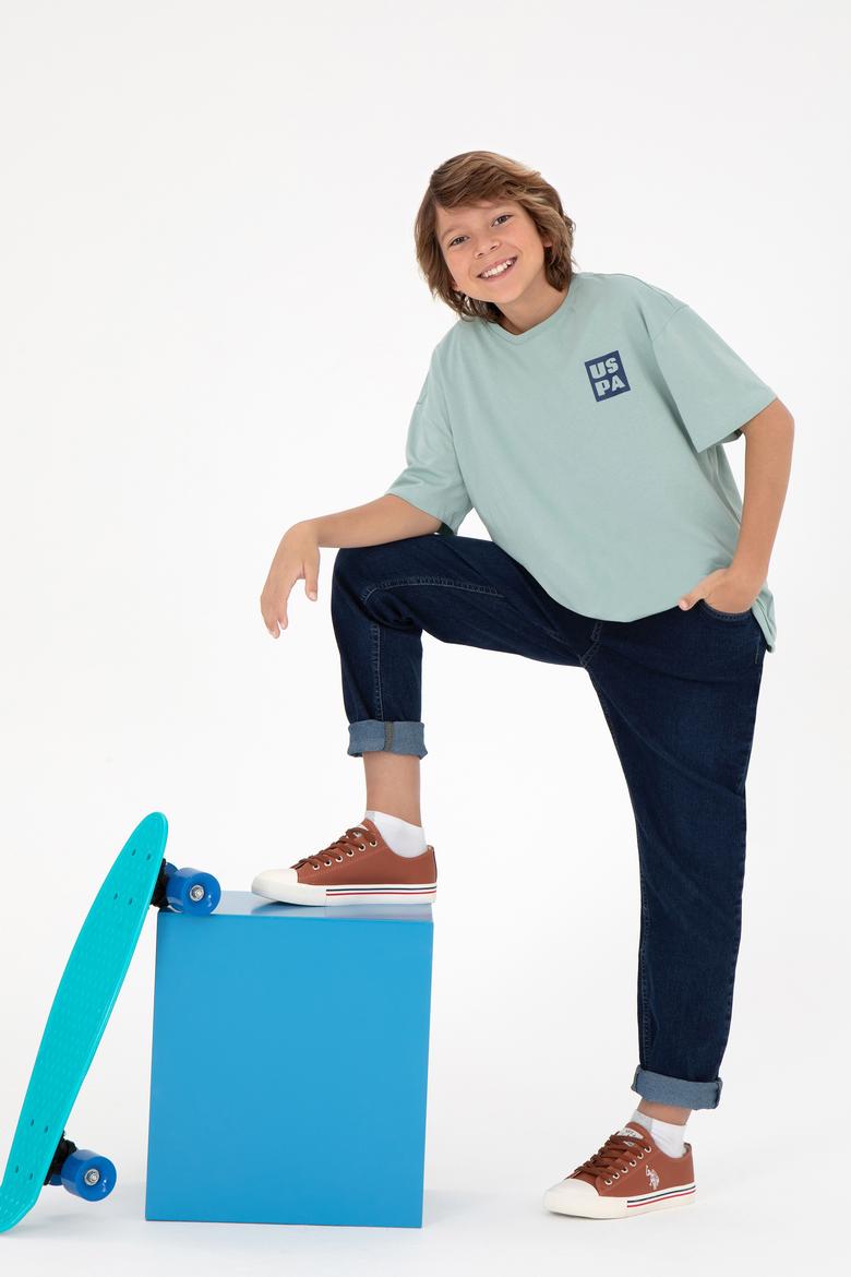 Erkek Çocuk Su Yeşili Oversize Bisiklet Yaka Tişört