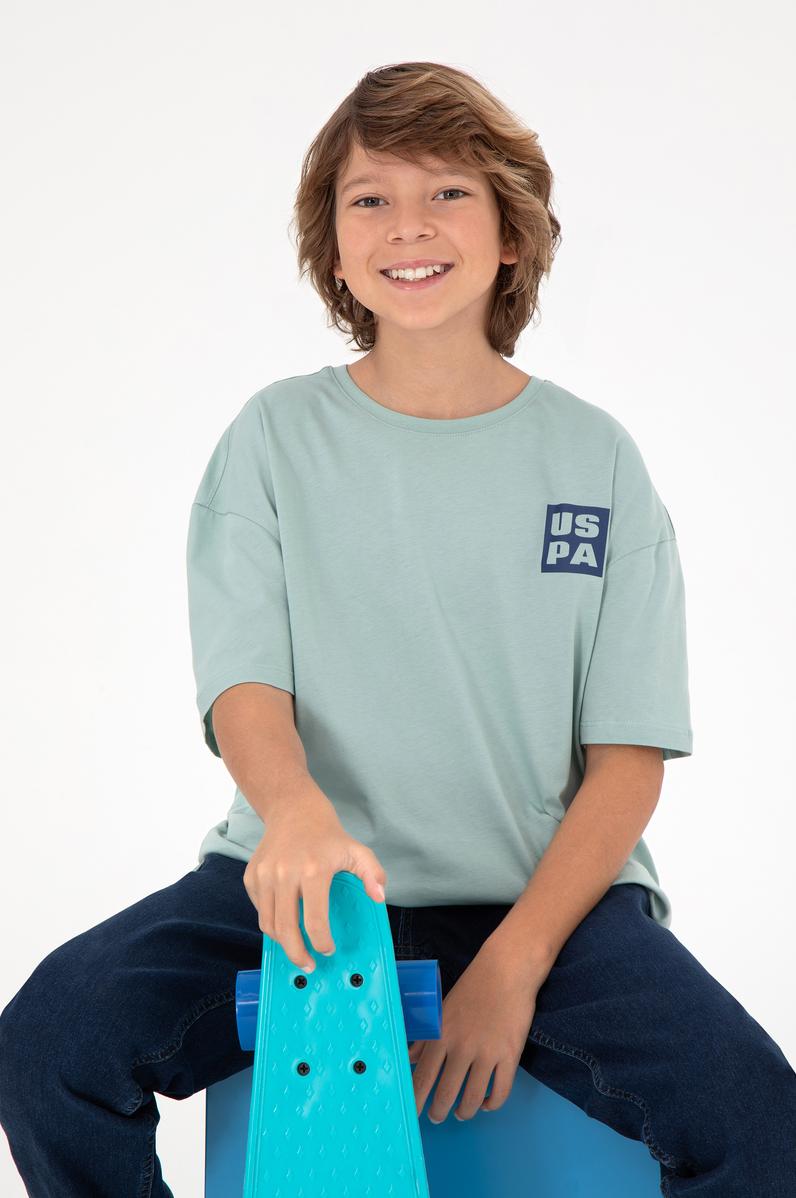 Erkek Çocuk Su Yeşili Oversize Bisiklet Yaka Tişört