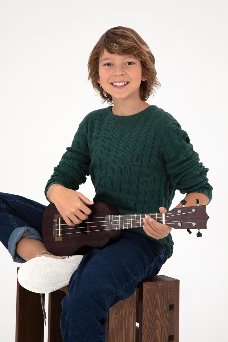 Erkek Çocuk Koyu Yeşil Basic Bisiklet Yaka Kazak