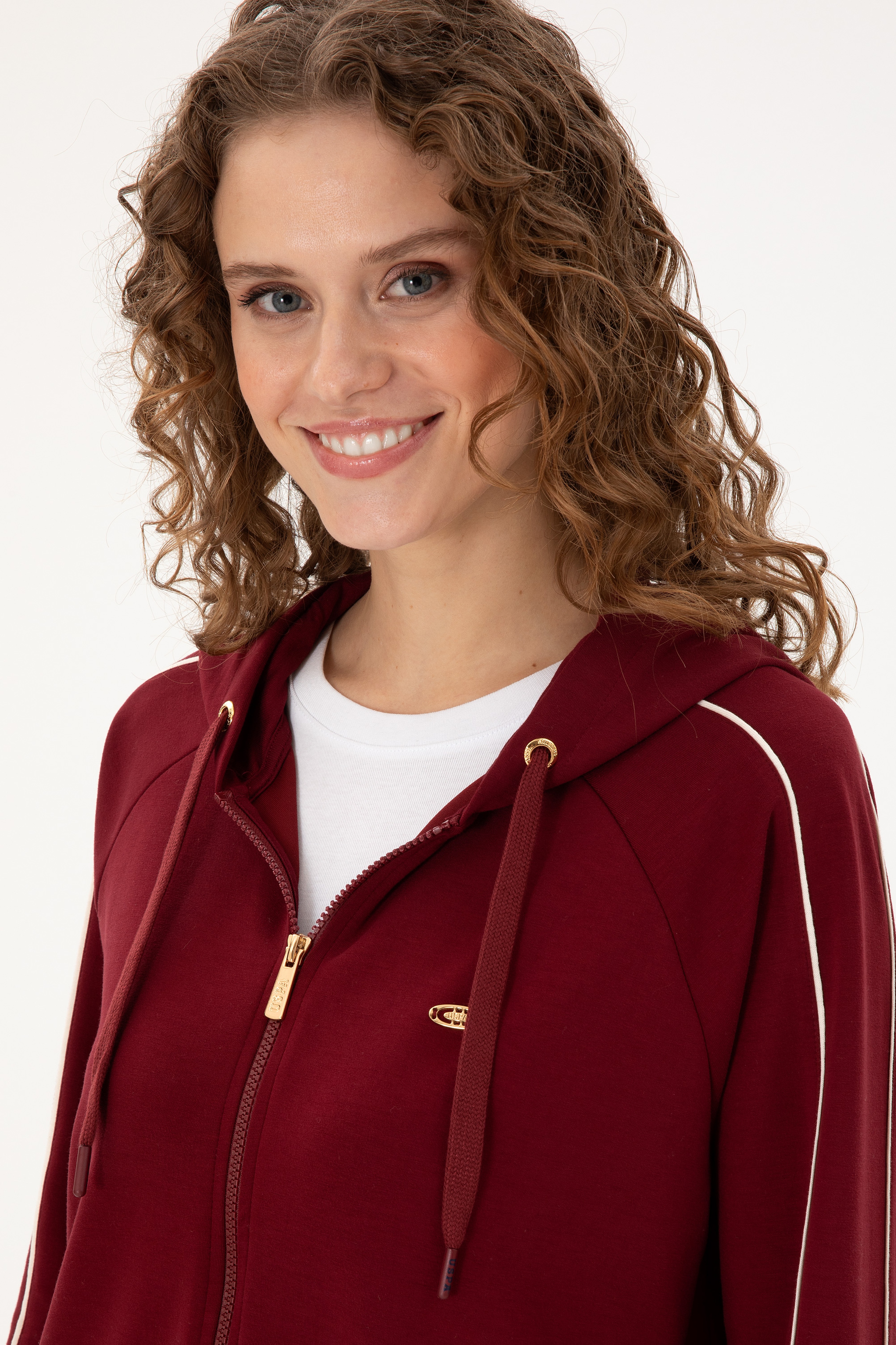 Kadın Bordo Kapüşonlu Fermuarlı Sweatshirt - Image 2