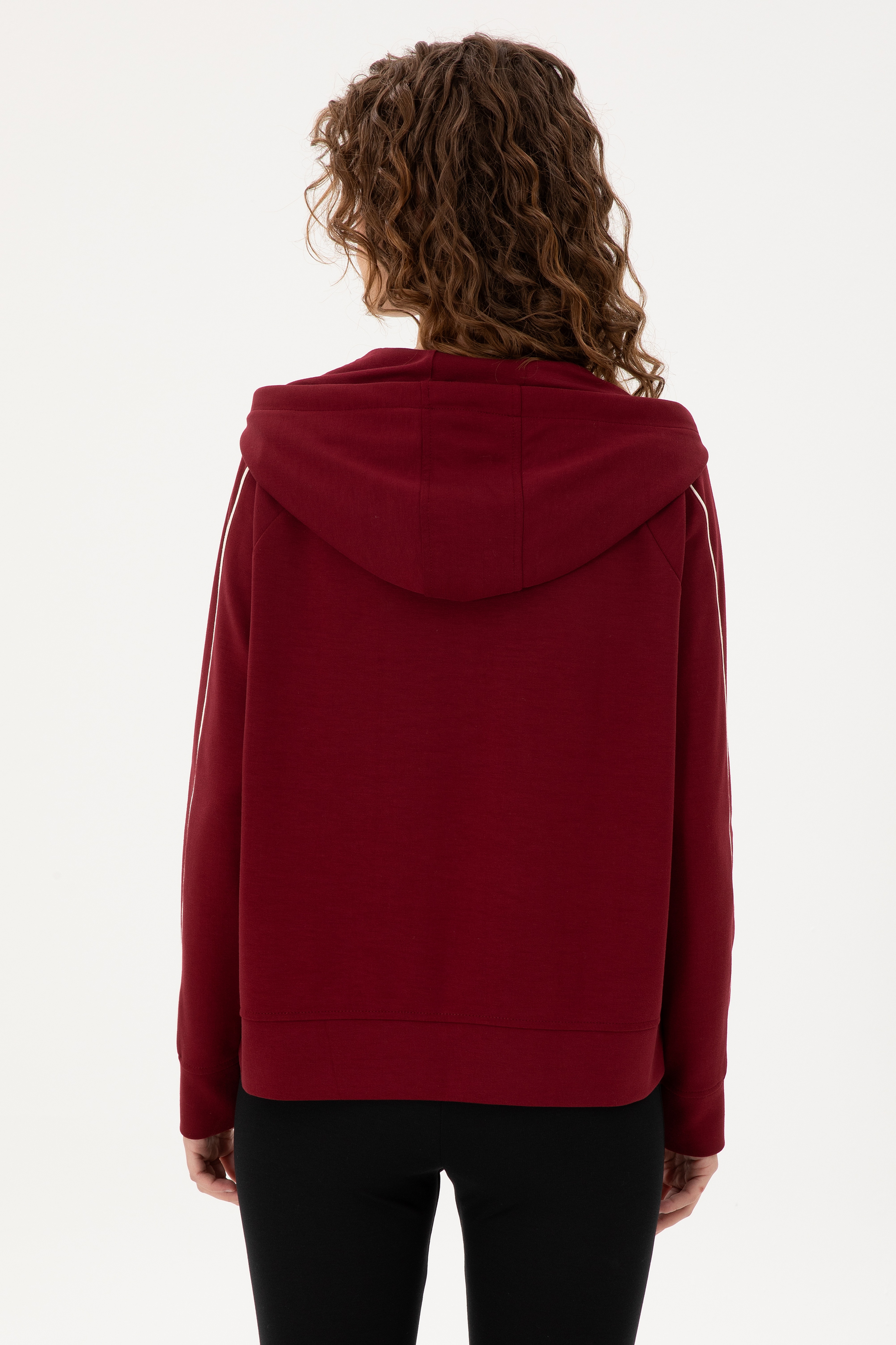 Kadın Bordo Kapüşonlu Fermuarlı Sweatshirt