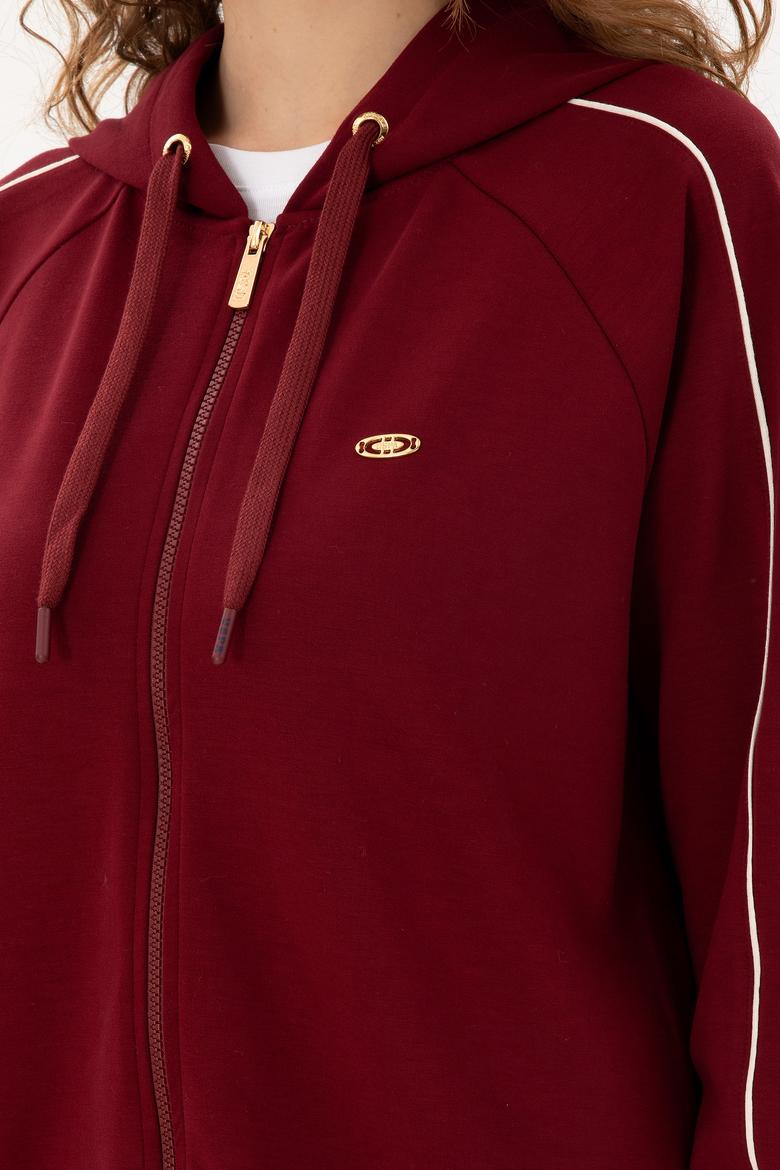Kadın Bordo Kapüşonlu Fermuarlı Sweatshirt - 50297354006