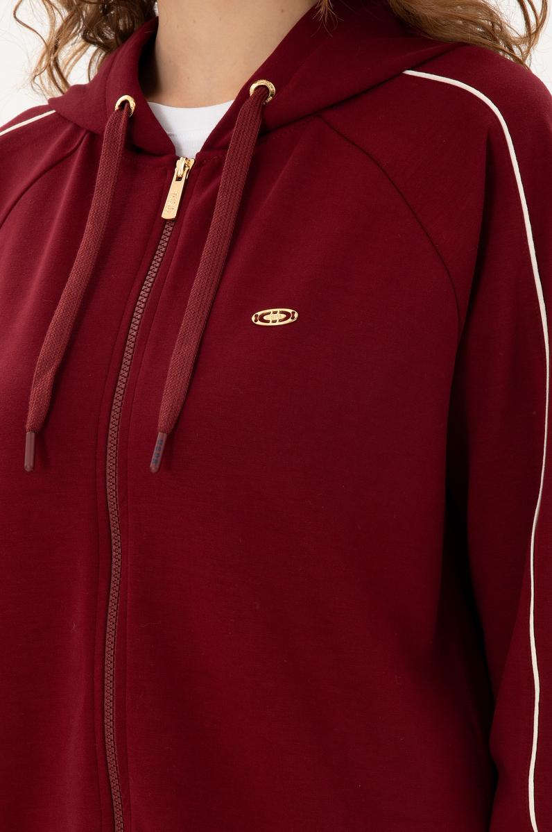 Kadın Bordo Kapüşonlu Fermuarlı Sweatshirt