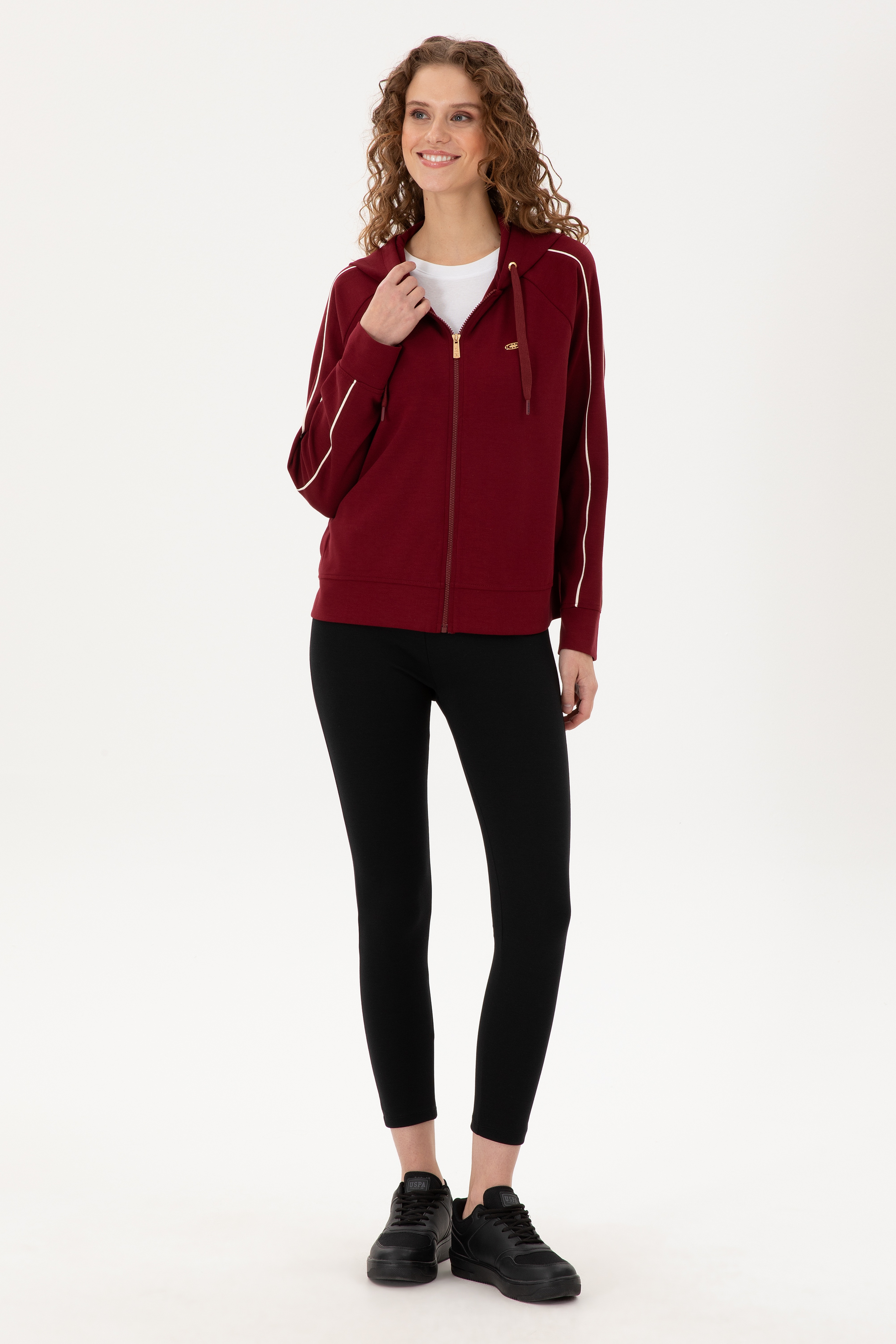 Kadın Bordo Kapüşonlu Fermuarlı Sweatshirt - Image 4