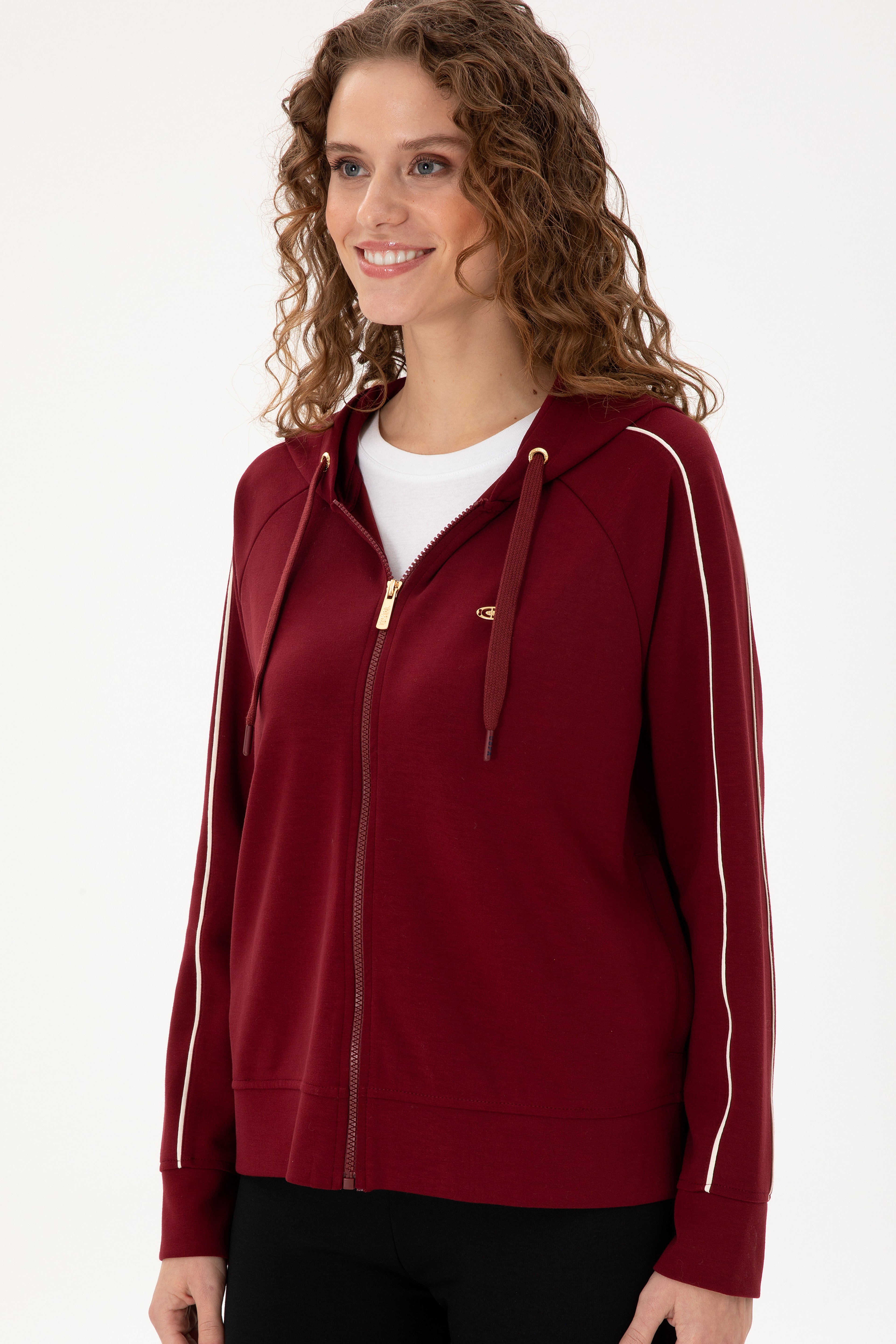 Kadın Bordo Kapüşonlu Fermuarlı Sweatshirt