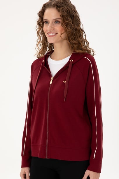 Kadın Bordo Kapüşonlu Fermuarlı Sweatshirt