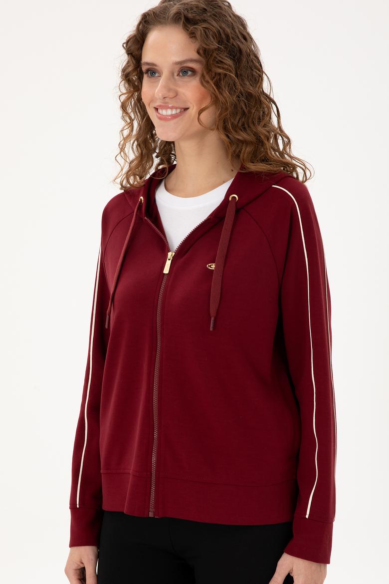 Kadın Bordo Kapüşonlu Fermuarlı Sweatshirt - 50297354006