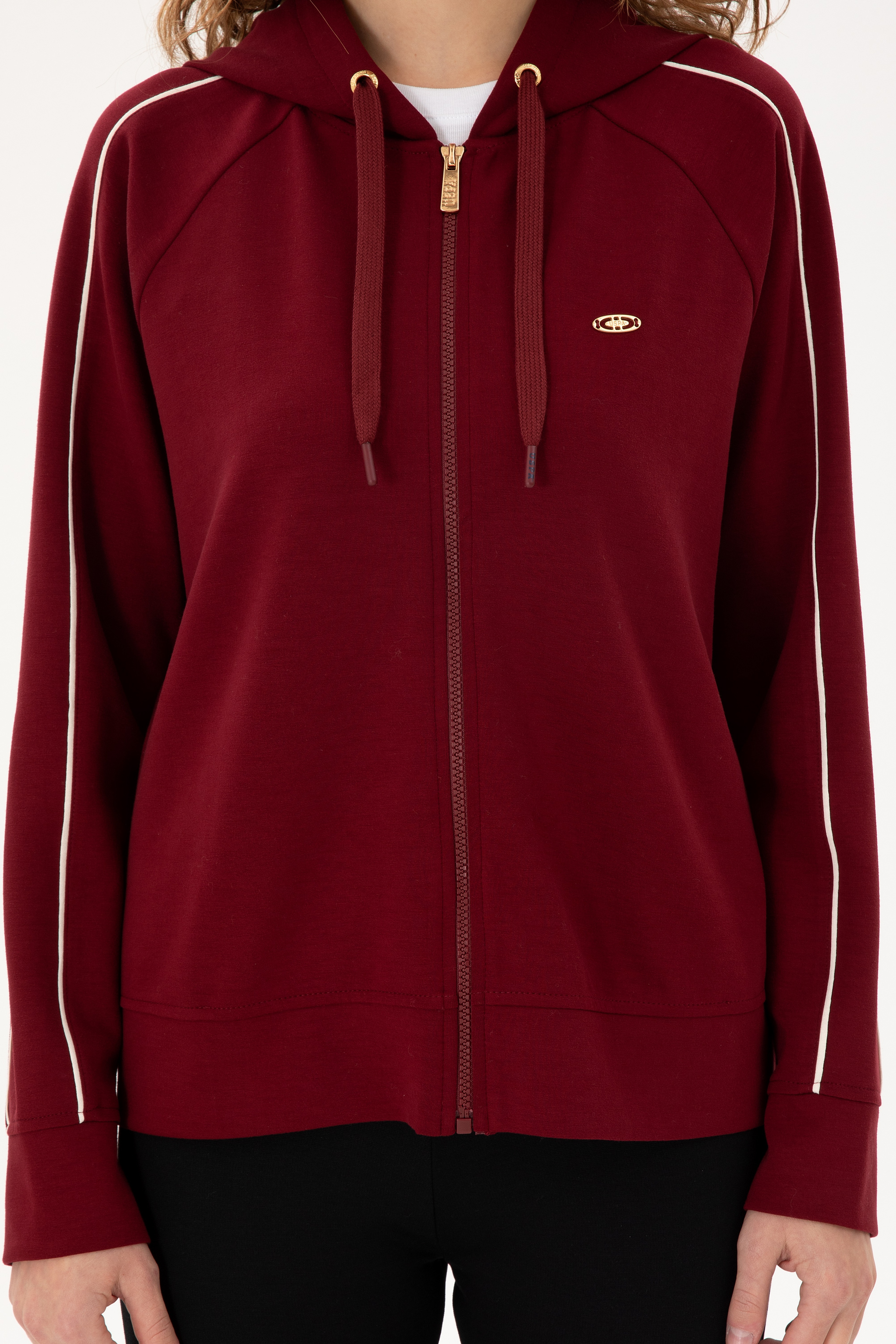 Kadın Bordo Kapüşonlu Fermuarlı Sweatshirt