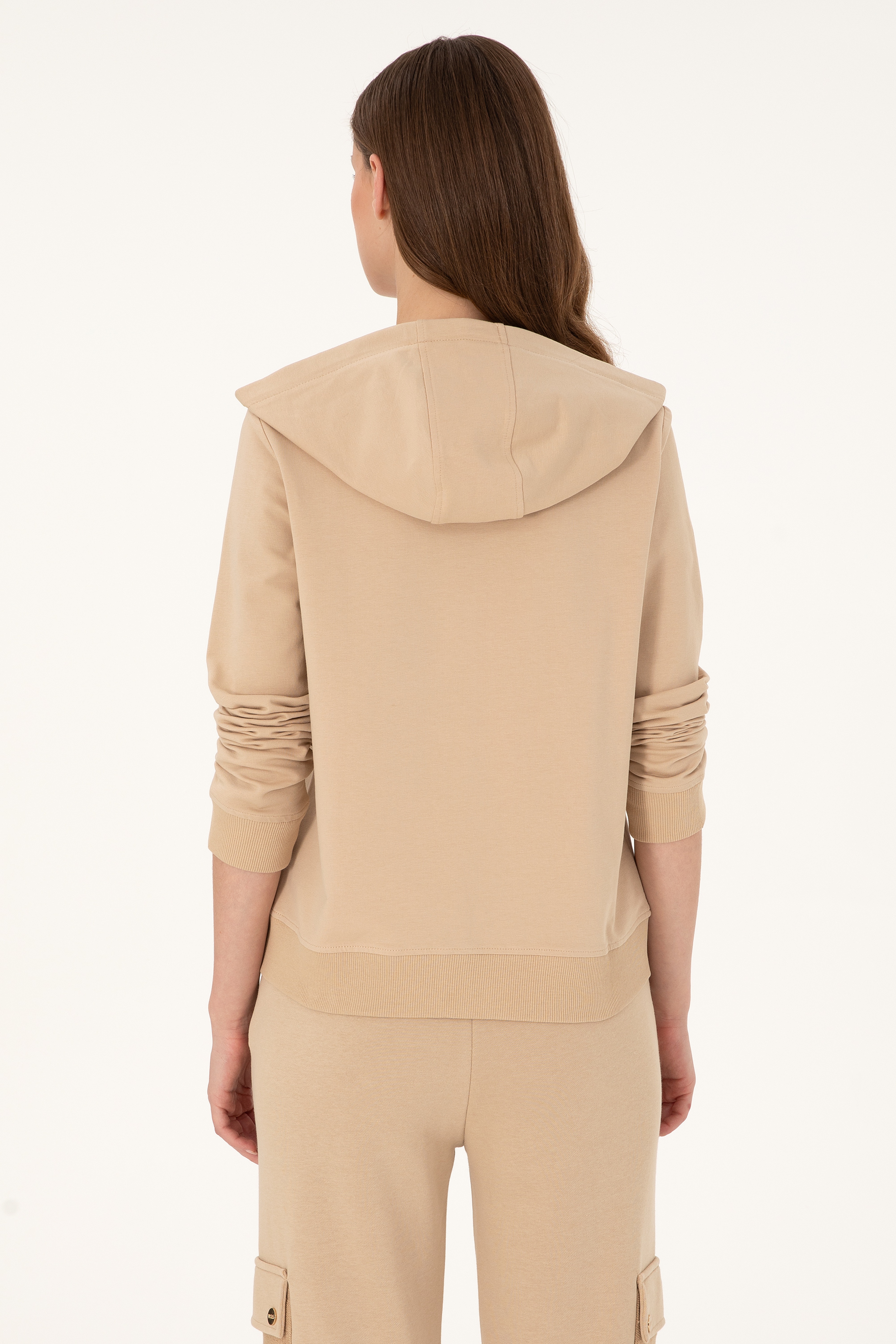 Kadın Kum Kapüşonlu Fermuarlı Sweatshirt - Image 5