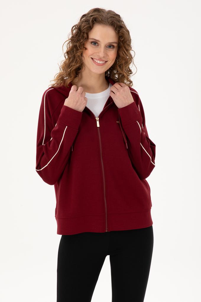 Kadın Bordo Kapüşonlu Fermuarlı Sweatshirt