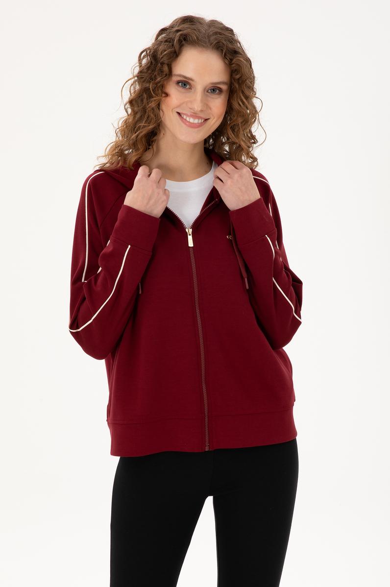 Kadın Bordo Kapüşonlu Fermuarlı Sweatshirt