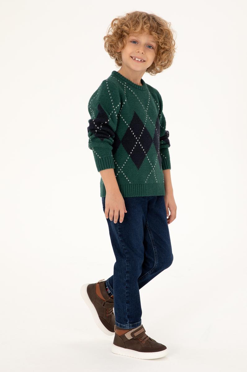 Erkek Çocuk Koyu Yeşil Bisiklet Yaka Kazak