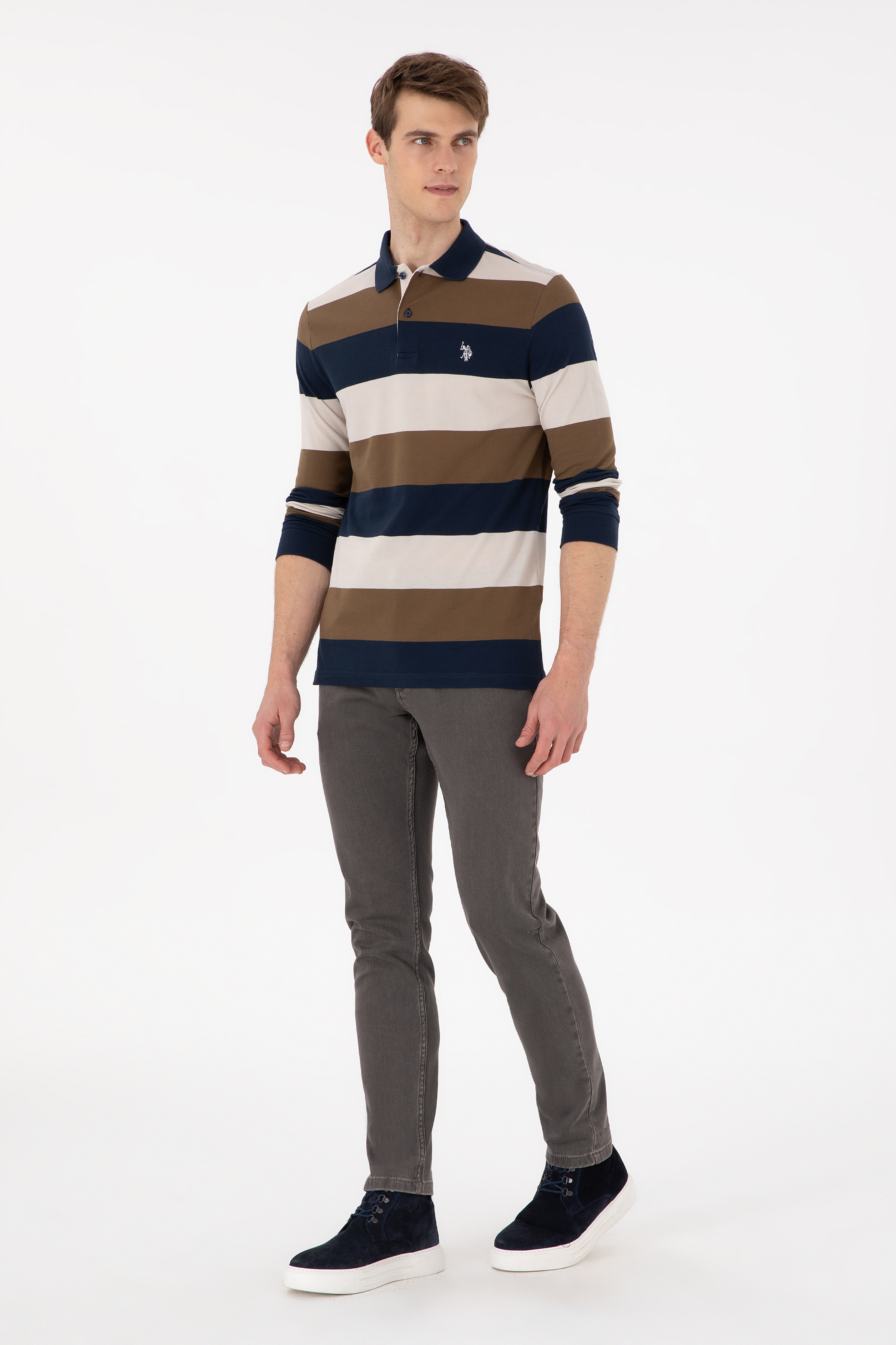 Erkek Regular Fit Polo Yaka Haki Sweatshirt