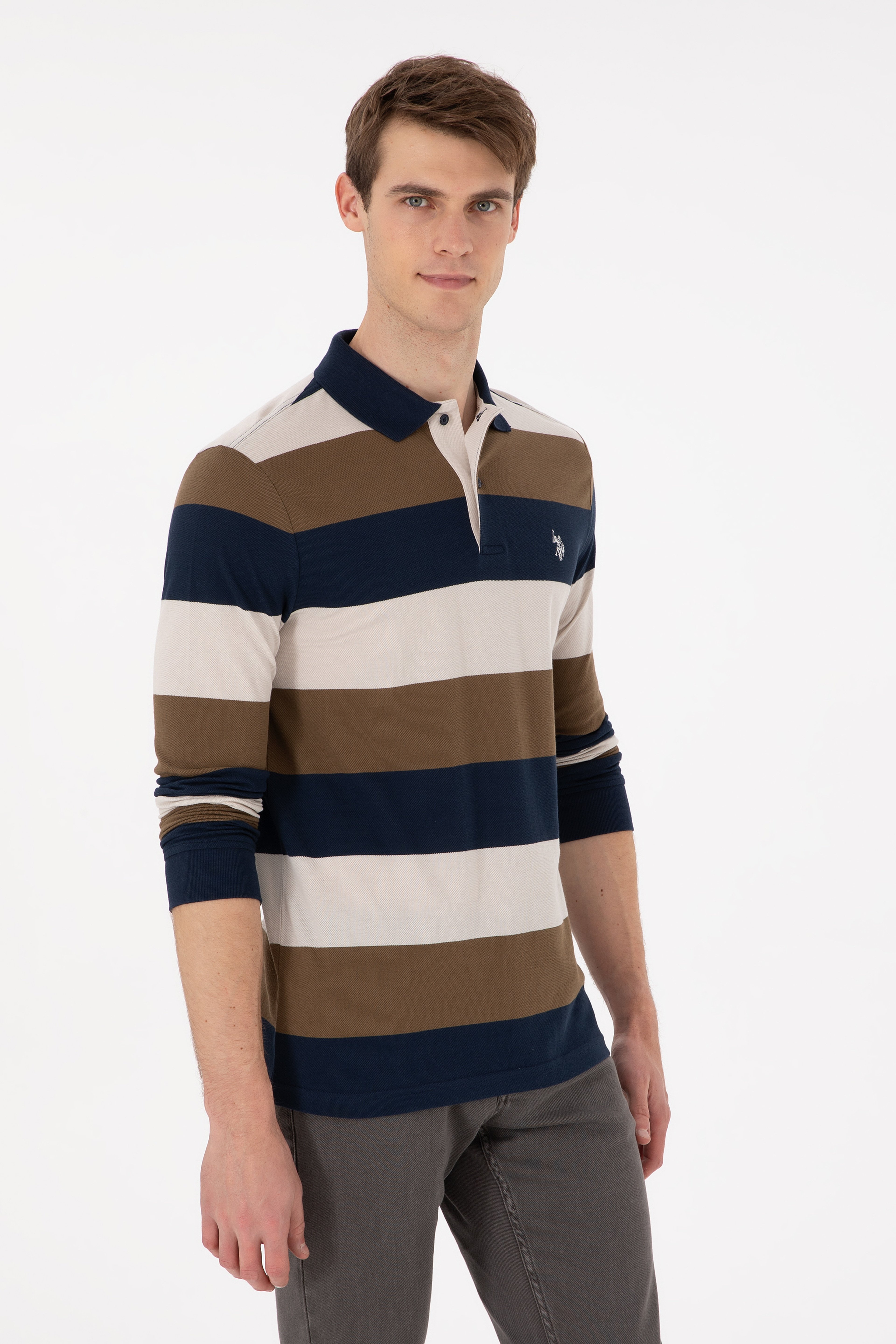 Erkek Regular Fit Polo Yaka Haki Sweatshirt - Image 1