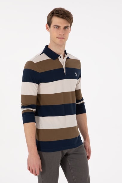 Erkek Regular Fit Polo Yaka Haki Sweatshirt