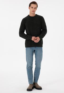 Erkek Regular Fit Bisiklet Yaka Koyu Yeşil Kazak - 50297049006