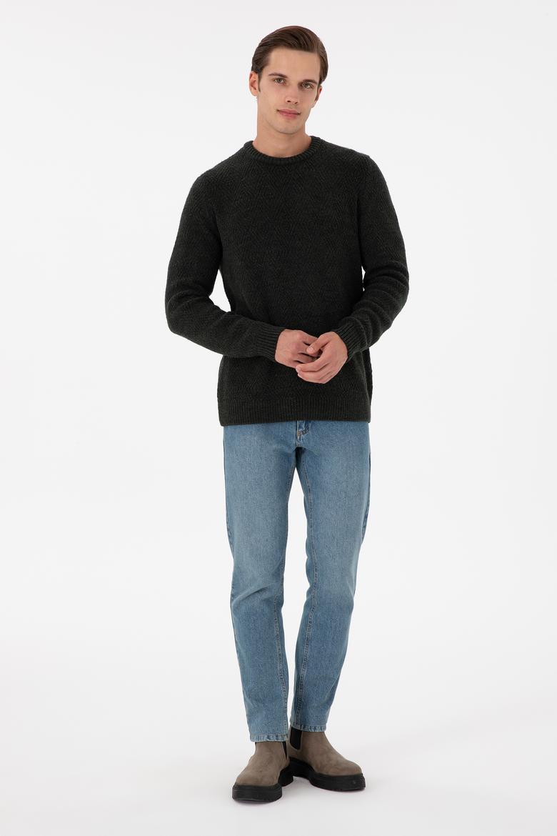 Erkek Regular Fit Bisiklet Yaka Koyu Yeşil Kazak - 50297049006