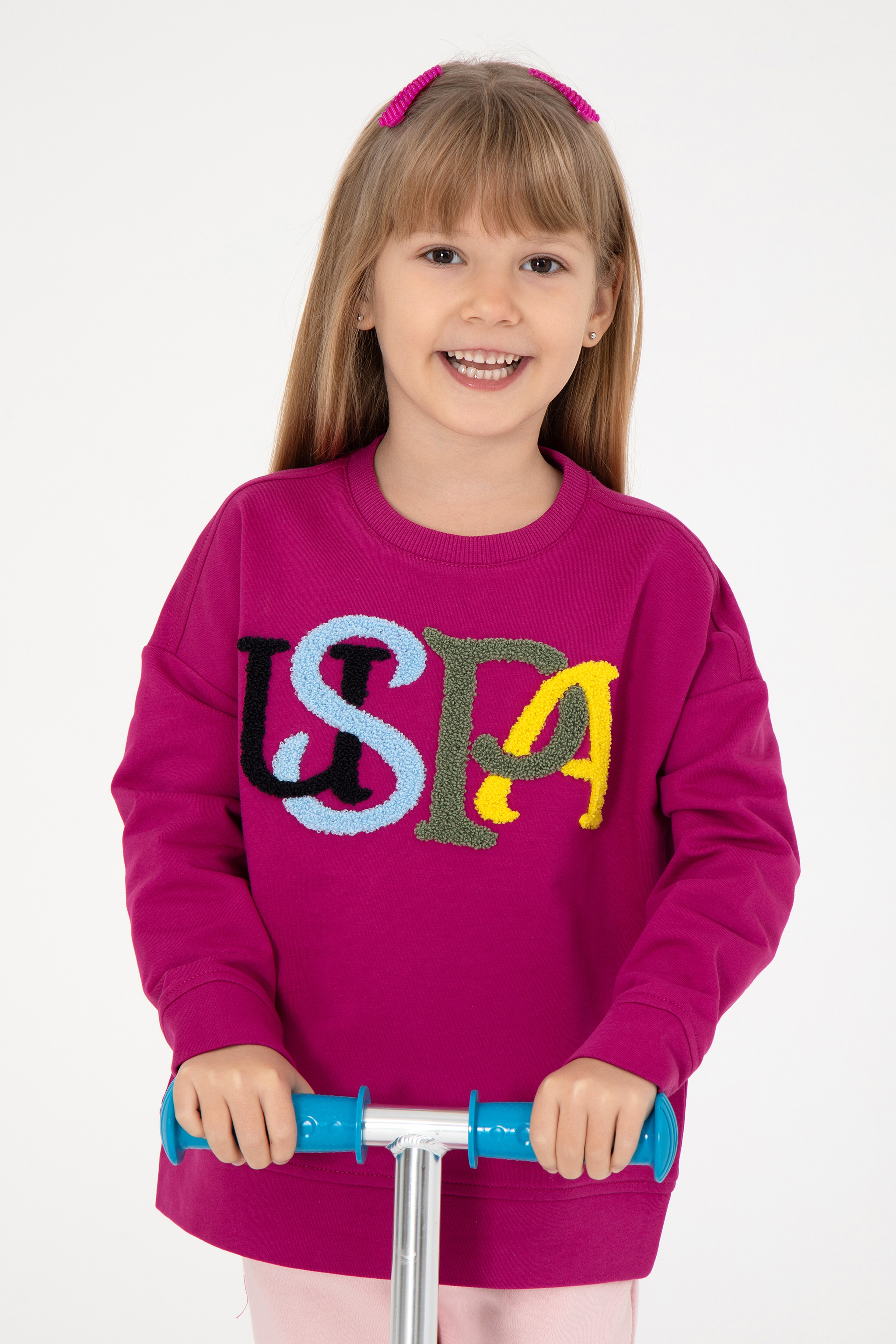 Kız Çocuk Fuşya Bisiklet Yaka Sweatshirt - Image 1