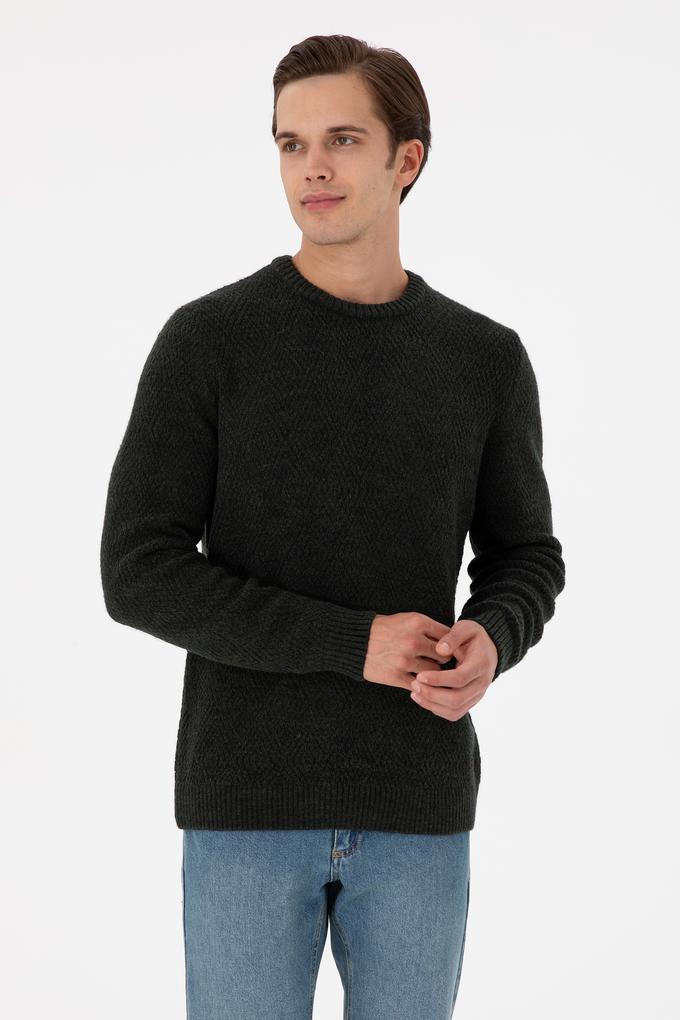 Erkek Regular Fit Bisiklet Yaka Koyu Yeşil Kazak