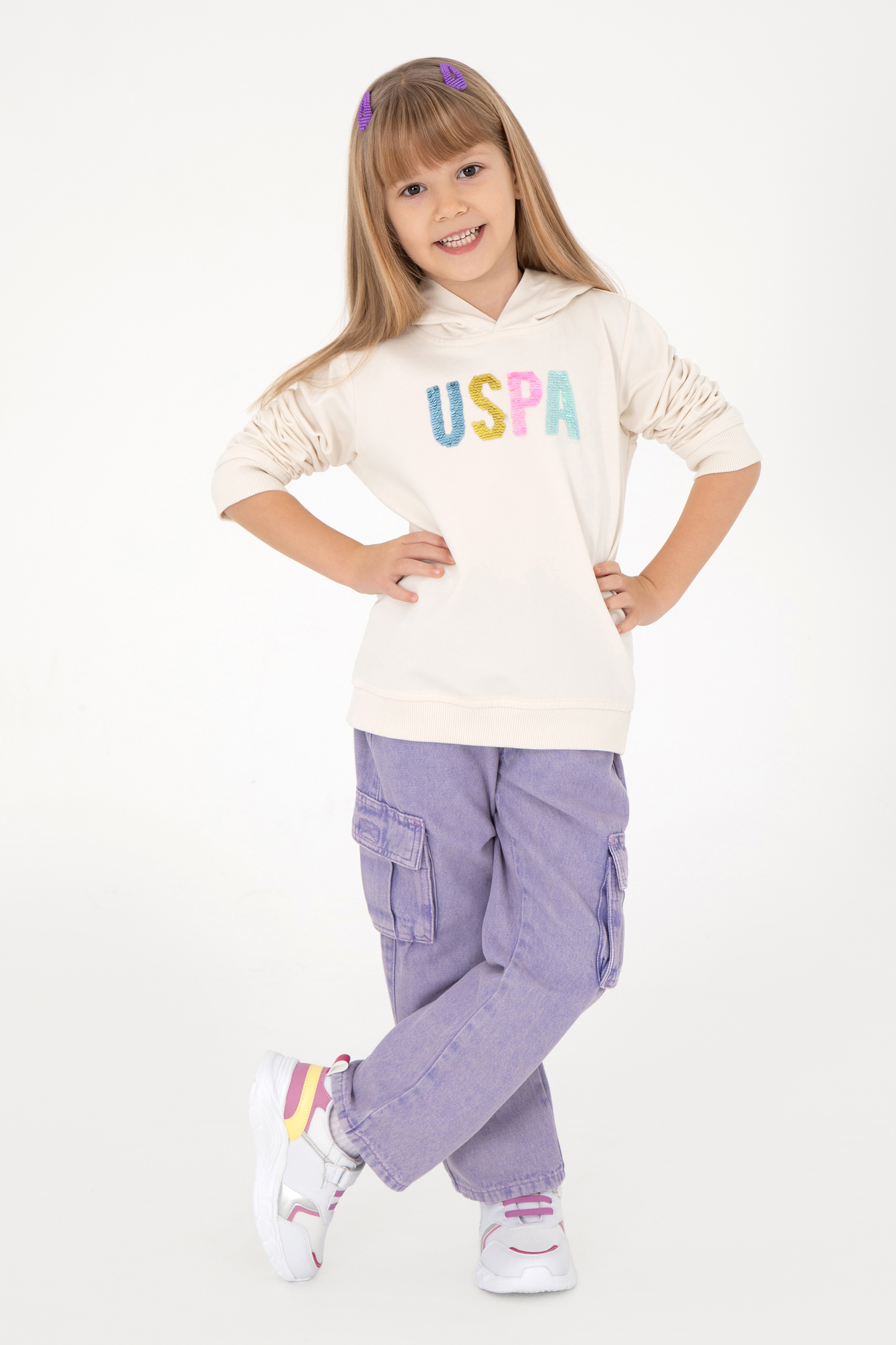 Kız Çocuk Krem Kapüşonlu Sweatshirt - Image 1