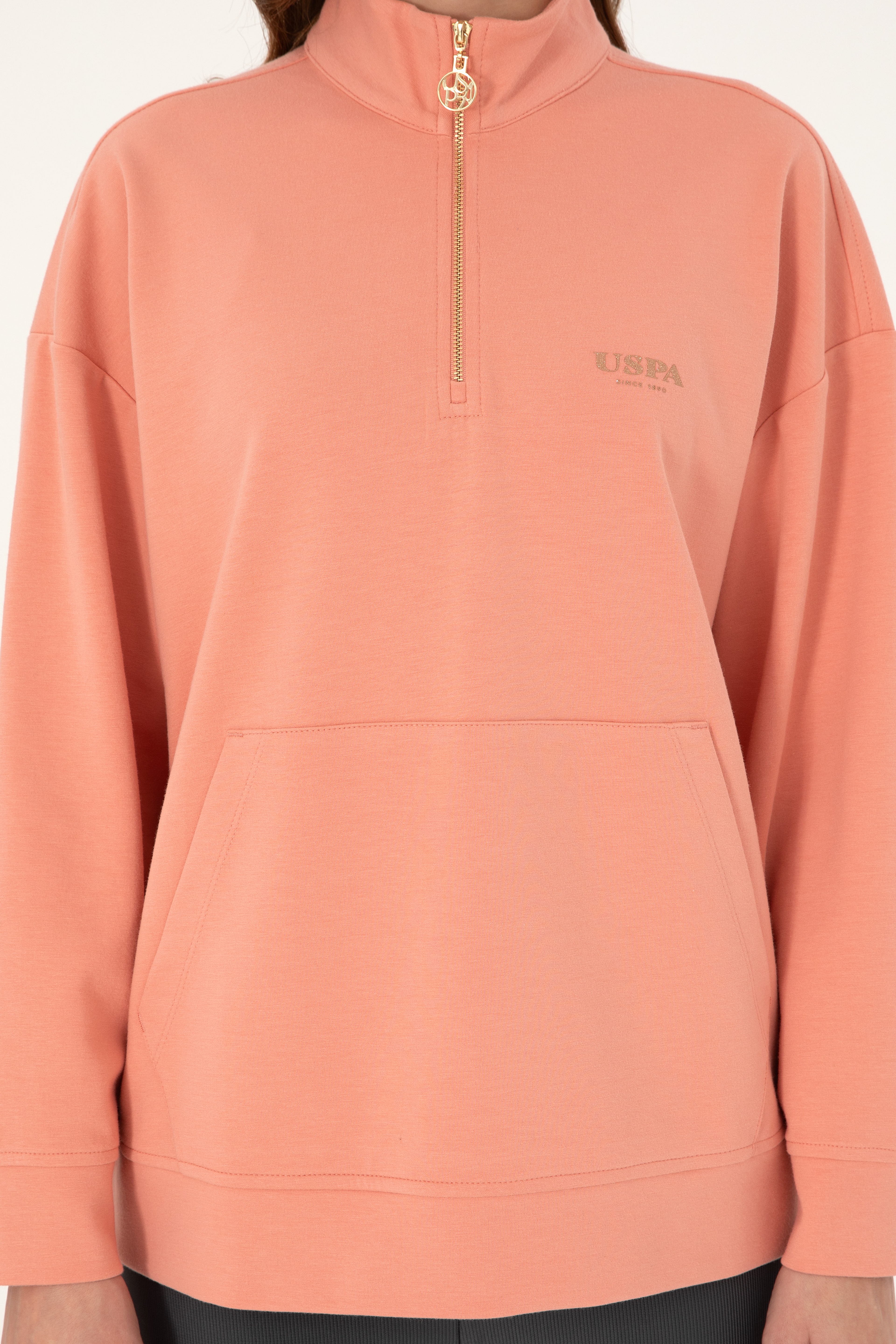 Kadın Somon Dik Yaka Fermuarlı Sweatshirt