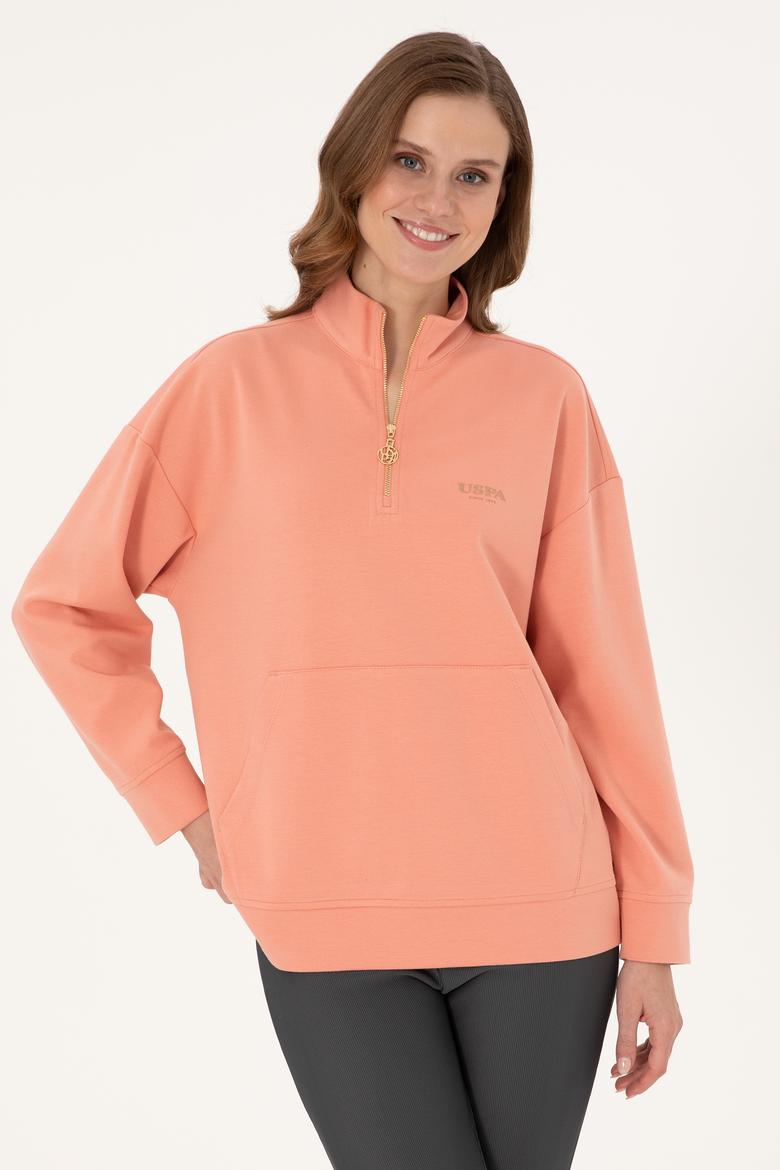 Kadın Somon Dik Yaka Fermuarlı Sweatshirt