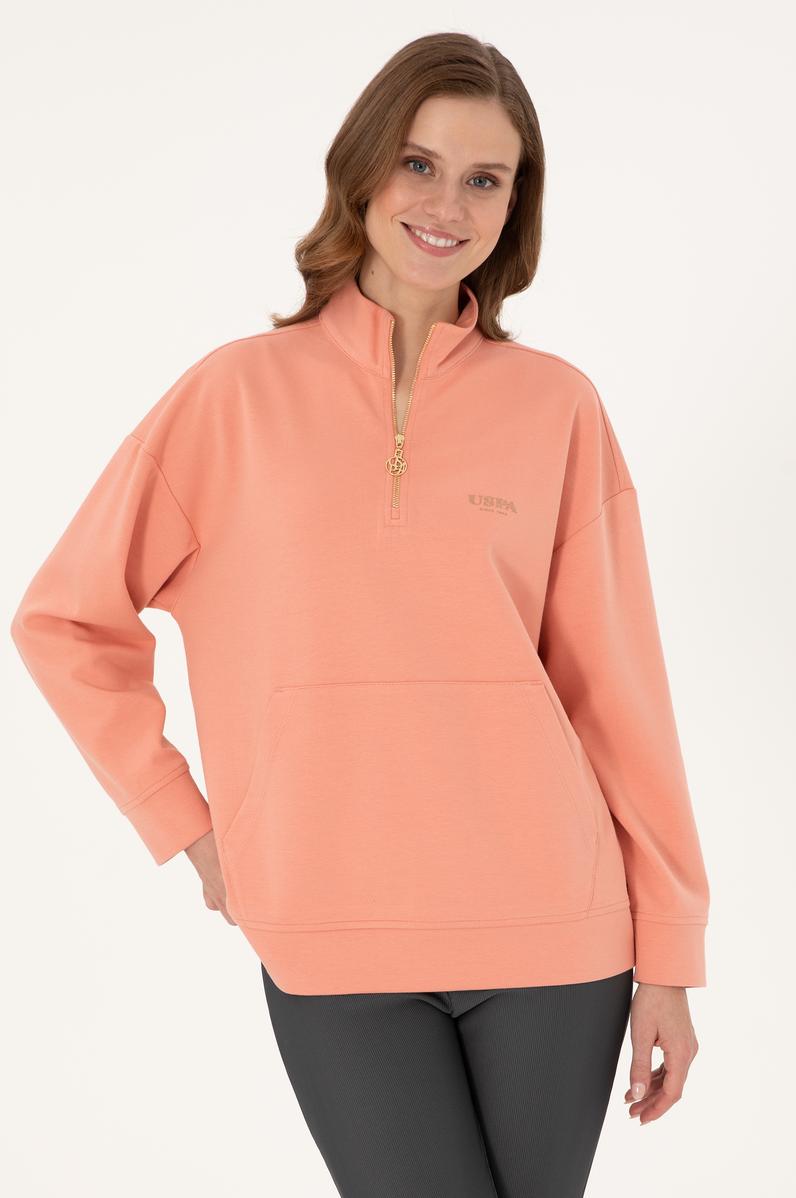 Kadın Somon Dik Yaka Fermuarlı Sweatshirt