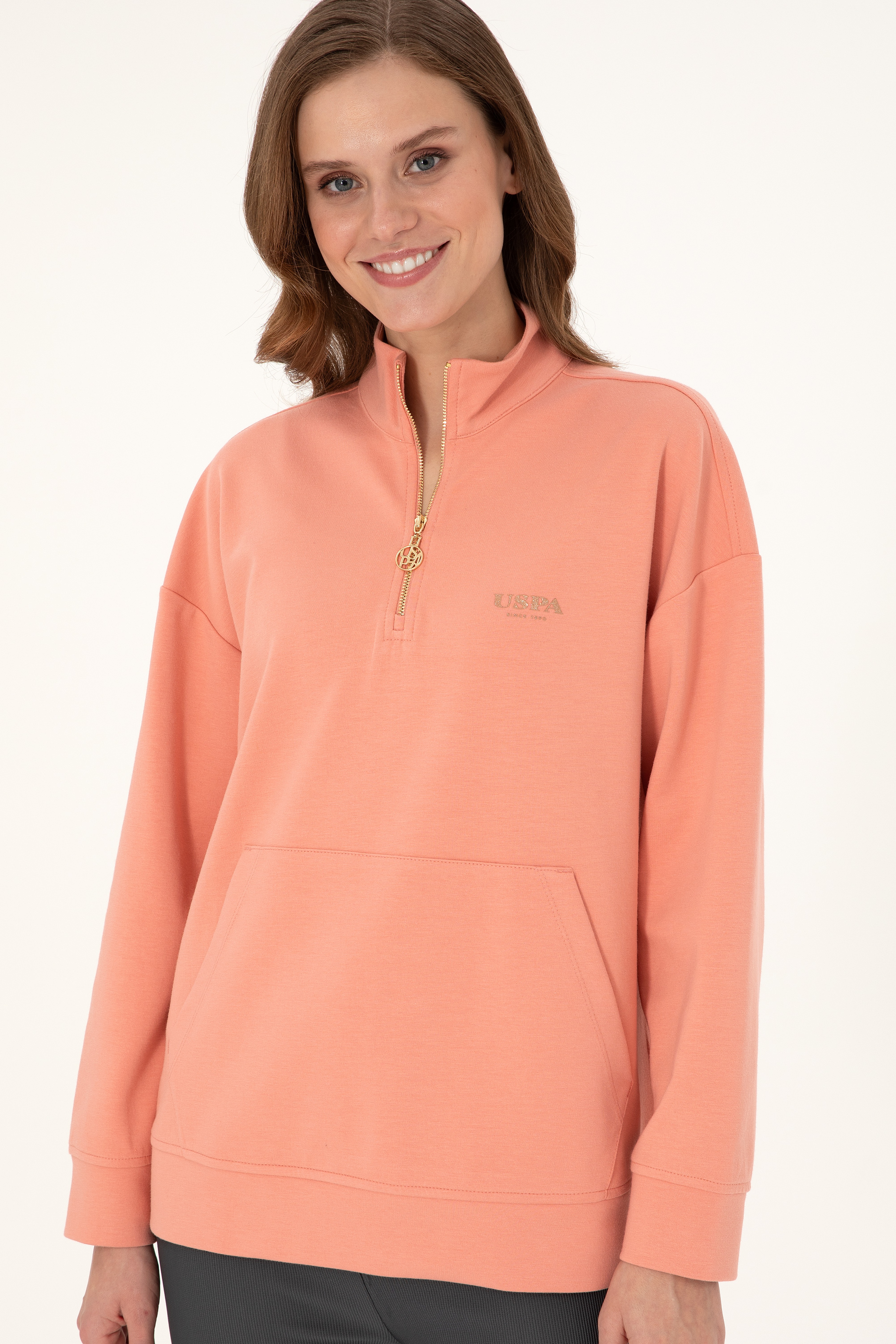 Kadın Somon Dik Yaka Fermuarlı Sweatshirt - Image 3