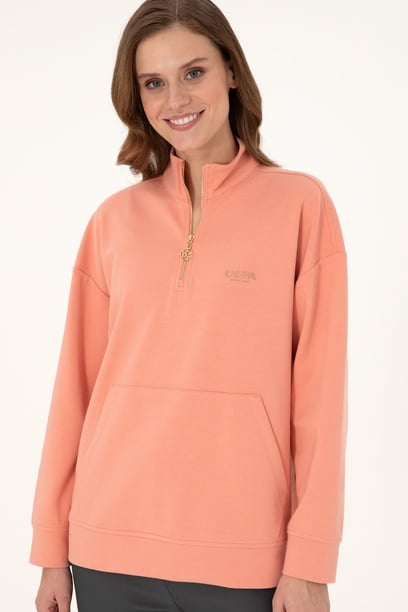 Kadın Somon Dik Yaka Fermuarlı Sweatshirt