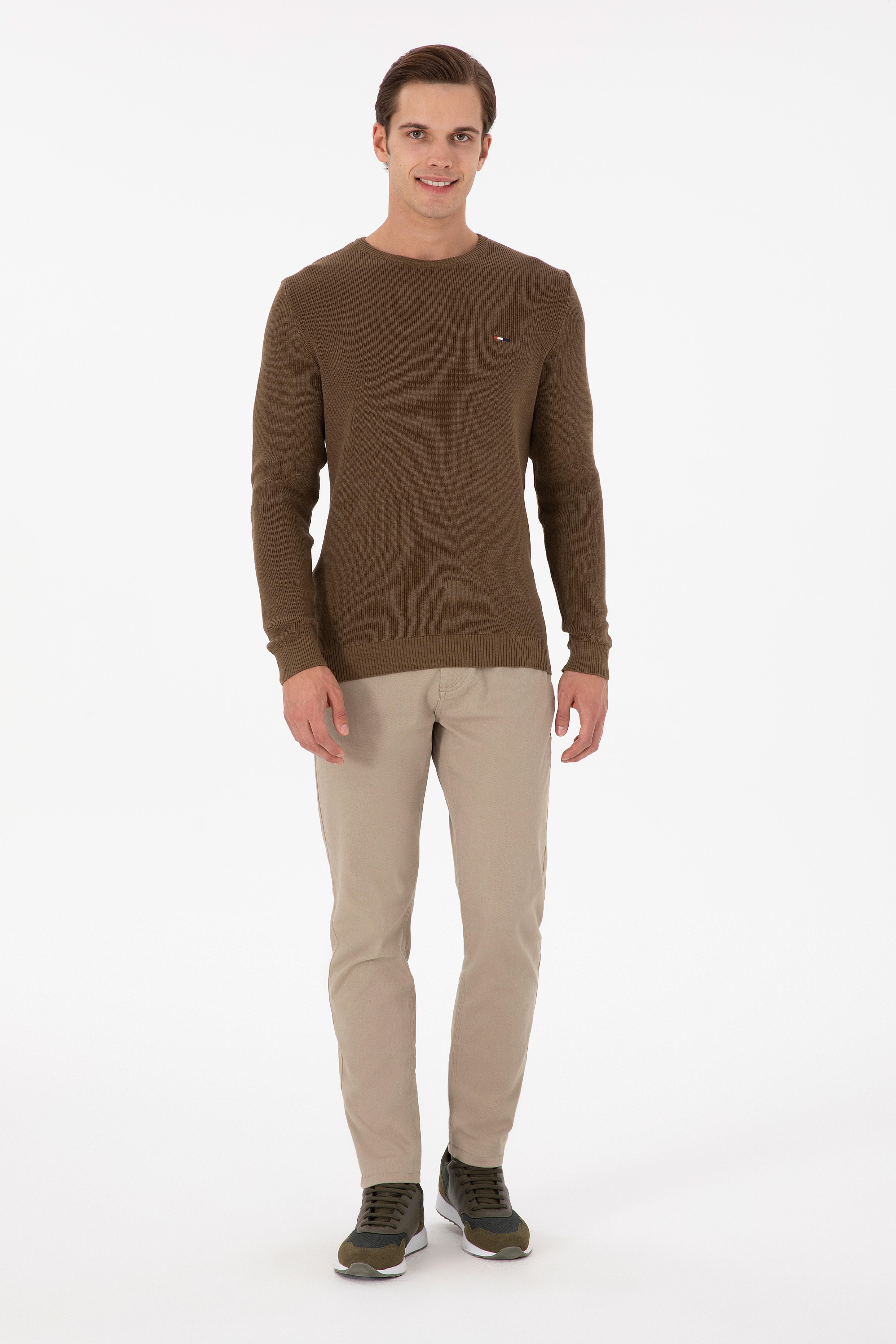 Erkek Slim Fit Bisiklet Yaka Haki Basic Kazak - Image 4
