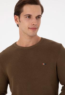 Erkek Slim Fit Bisiklet Yaka Haki Basic Kazak - 50298282048