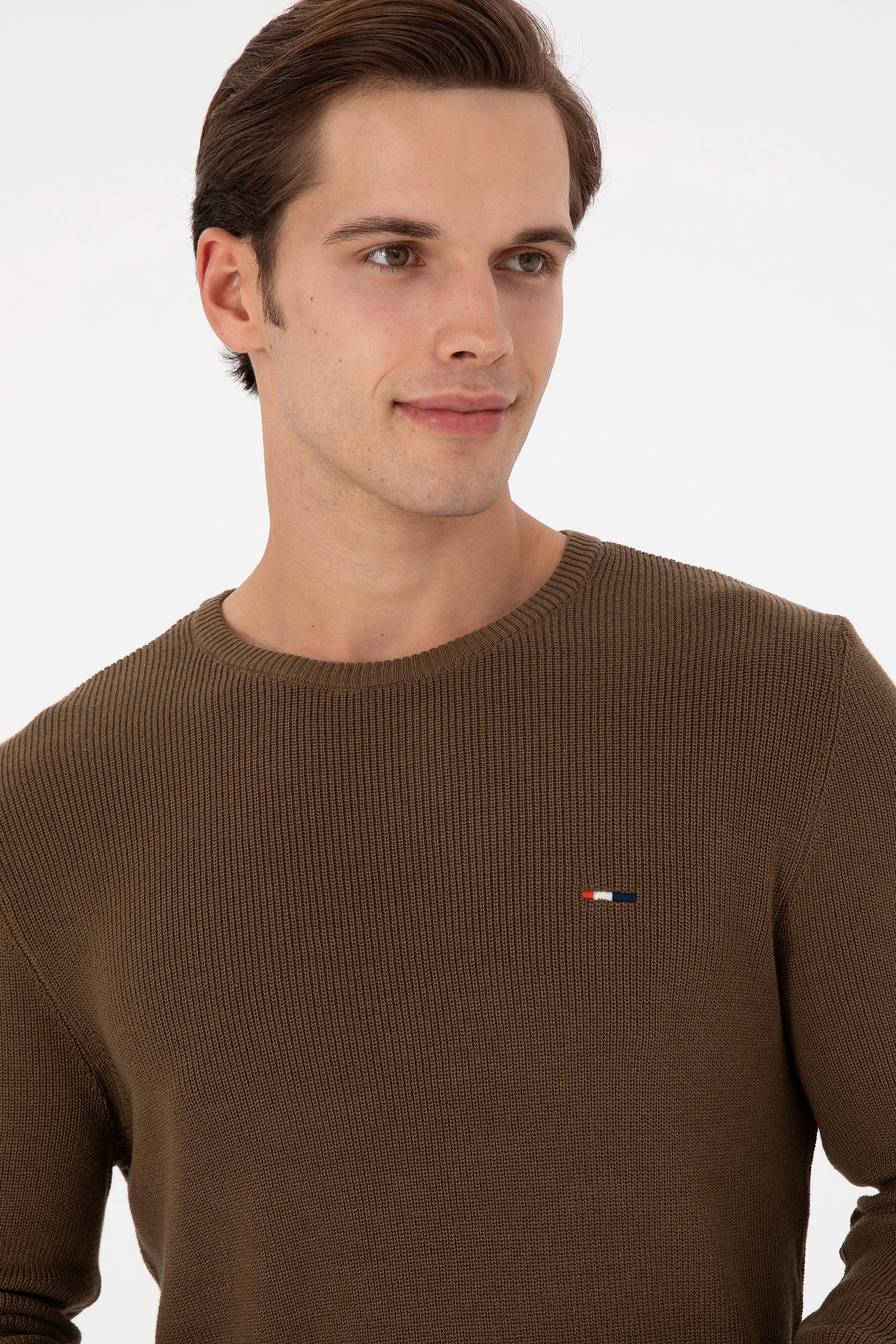 Erkek Slim Fit Bisiklet Yaka Haki Basic Kazak - Image 2